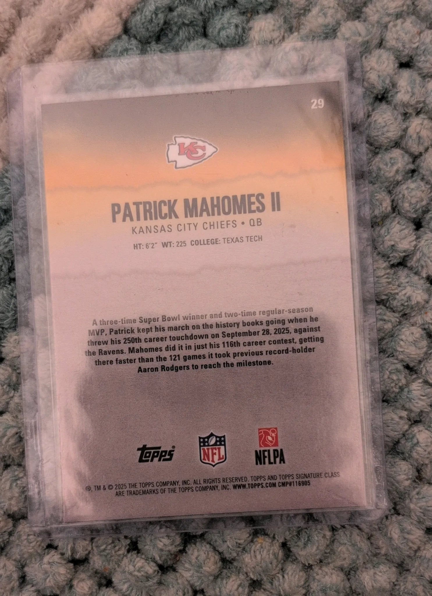 2025 Topps Signature Class Patrick Mahomes II #29 Round 1 Pick 10 - Back