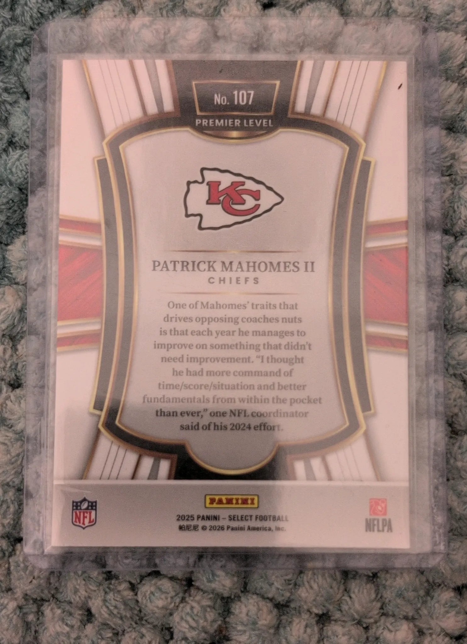 2025 Panini Select Patrick Mahomes II #107 Premier Level - Back