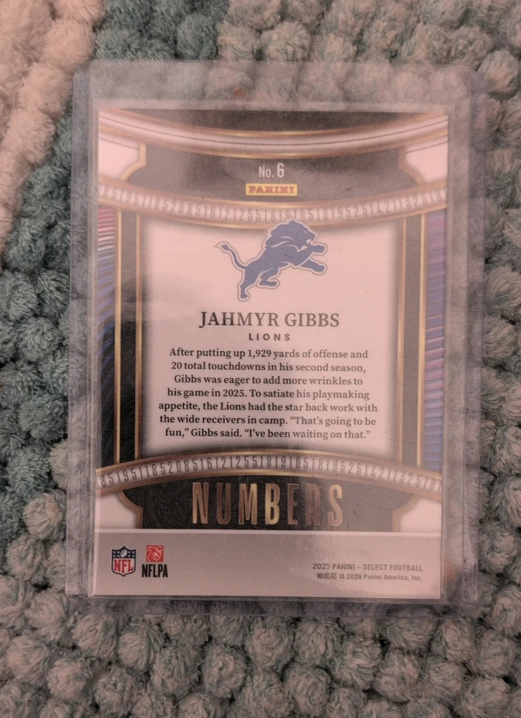 2025 Panini Select Jahmyr Gibbs #6 Numbers Insert - Back