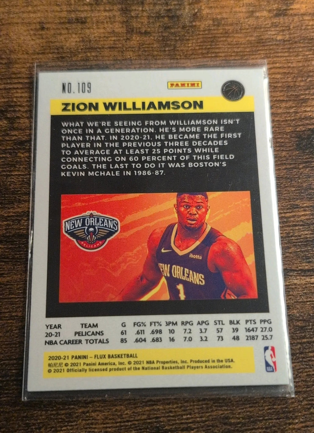 2020-21 Panini Flux Zion Williamson #109 - Back