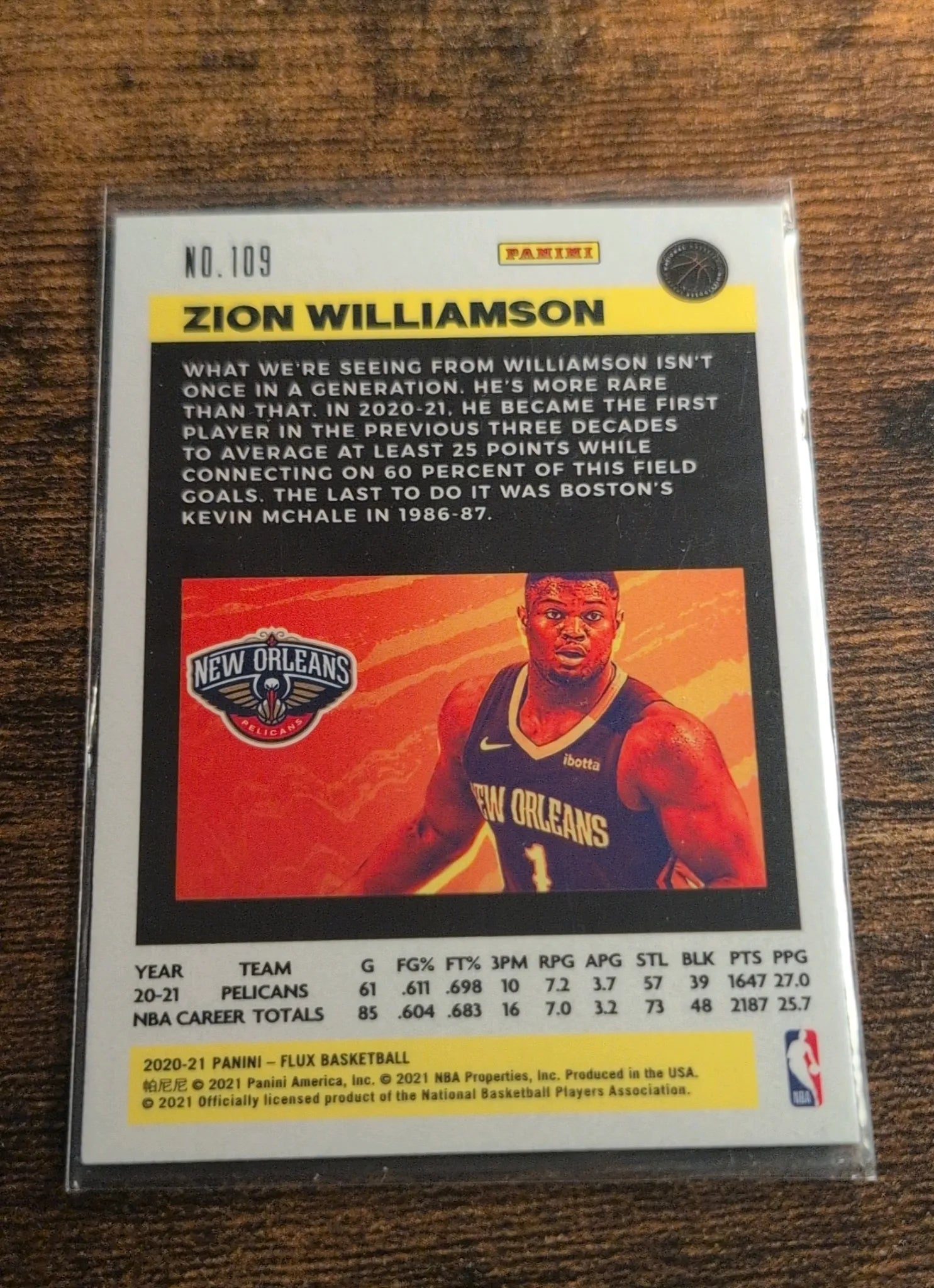2020-21 Panini Flux Zion Williamson #109 - Back