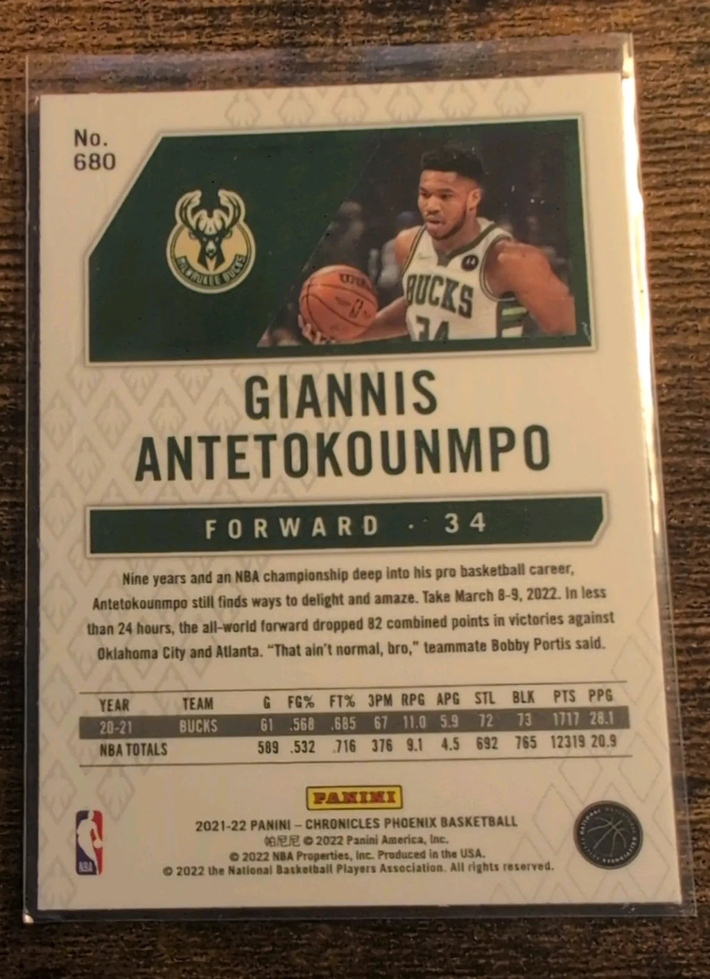 Giannis Antetokounmpo 2021-22 Panini Chronicles Phoenix #680 Back