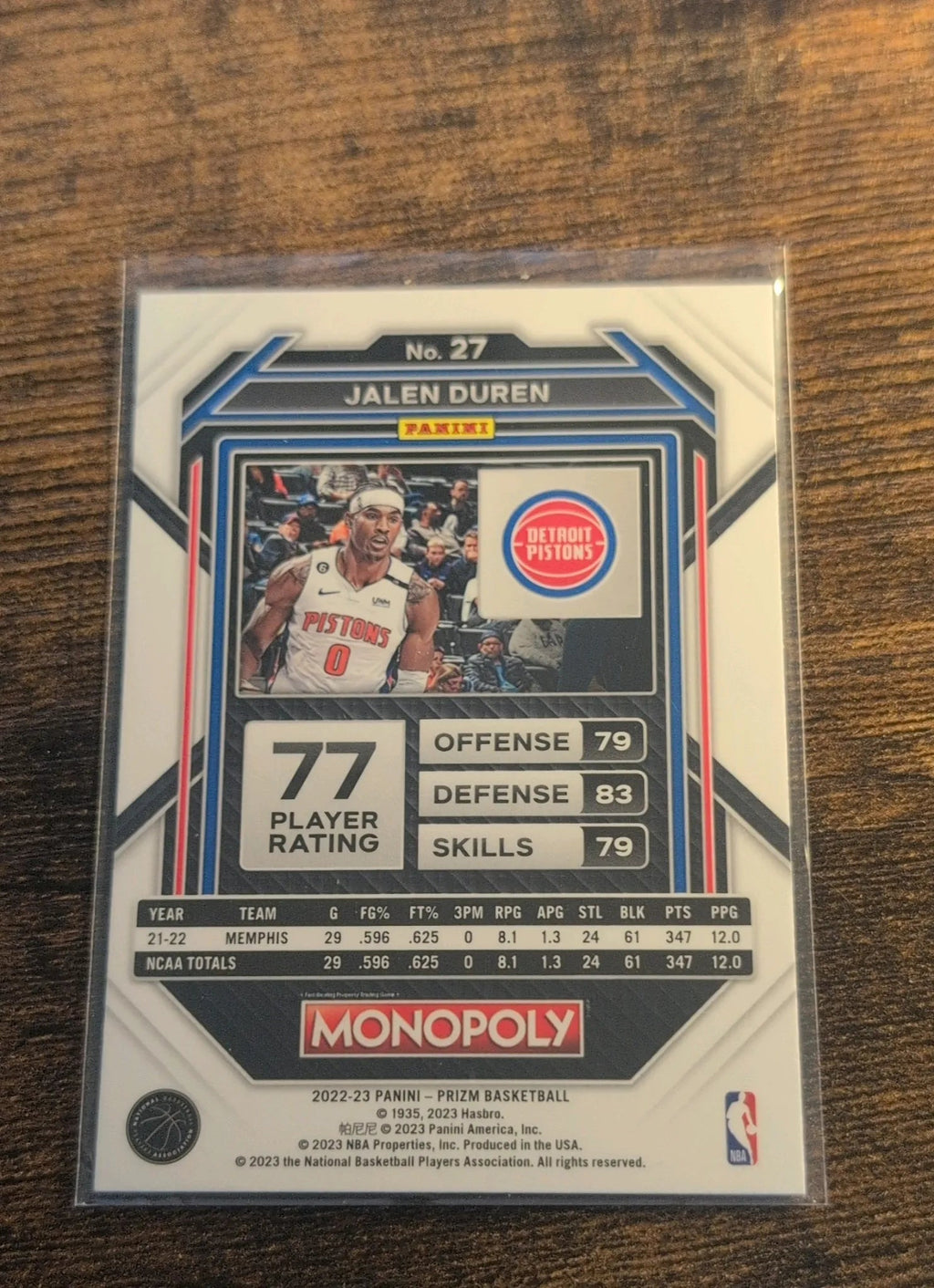 Jalen Duren 2022-23 Panini Prizm Monopoly RC #27 Back