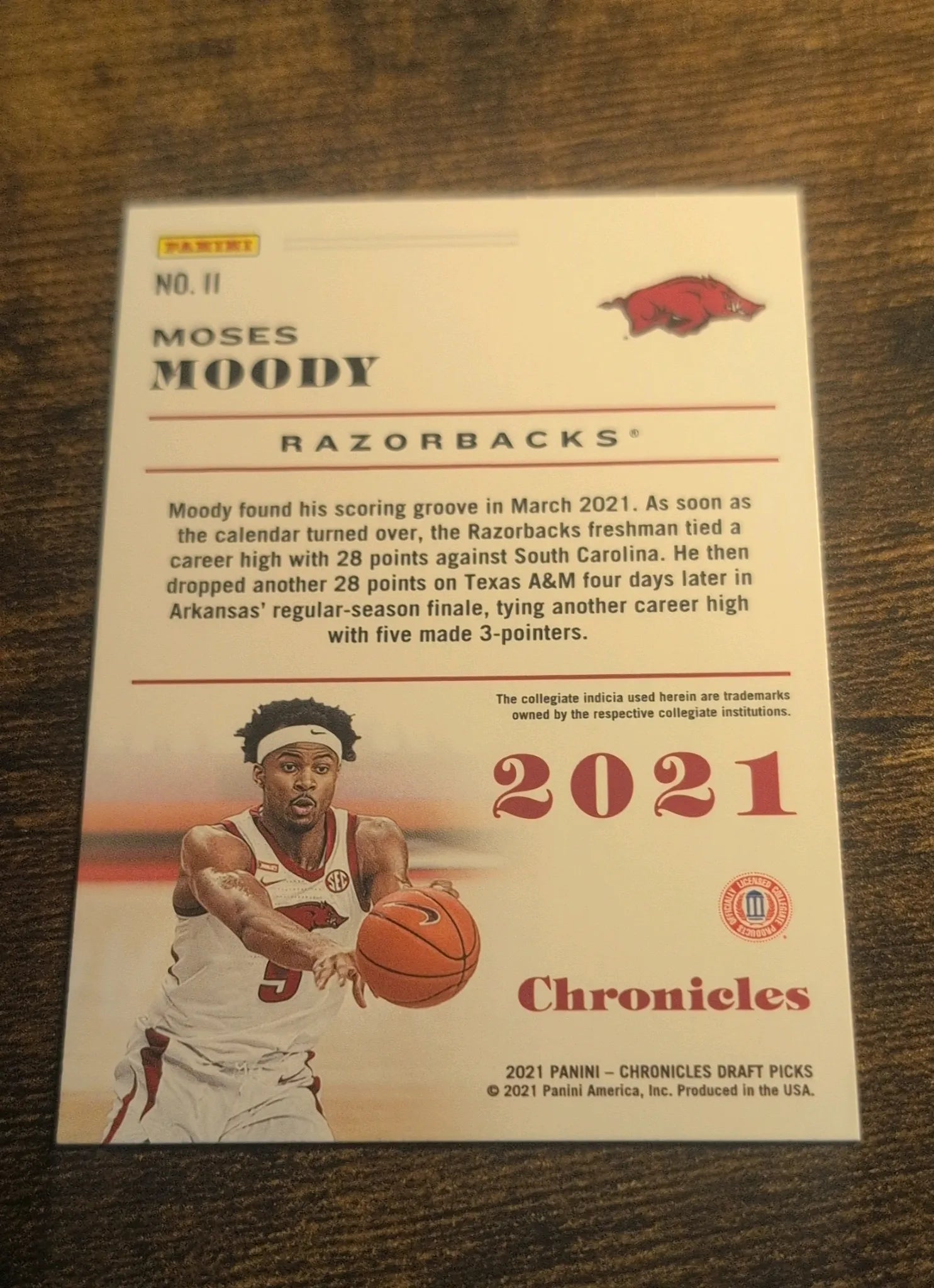 Moses Moody 2021 Panini Chronicles Draft Picks RC #11 Back