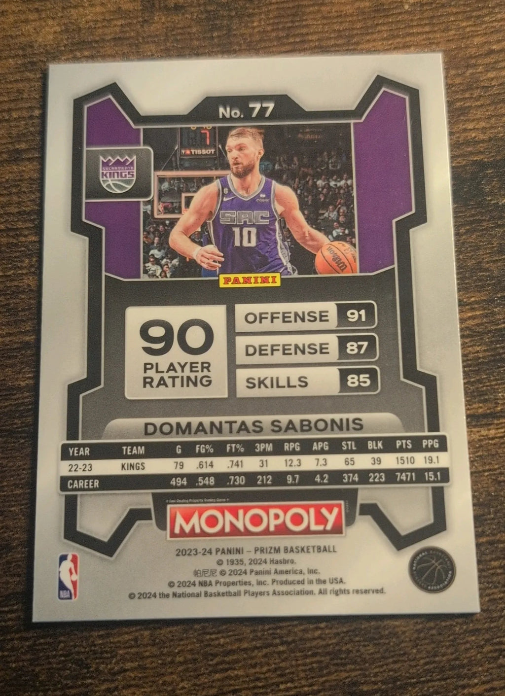 Domantas Sabonis 2023-24 Panini Prizm Monopoly #77 Back