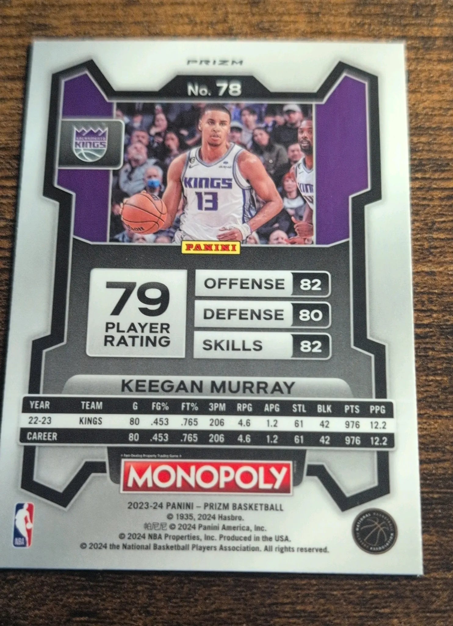 2023-24 Panini Prizm Monopoly Keegan Murray Purple Prizm #78 Back