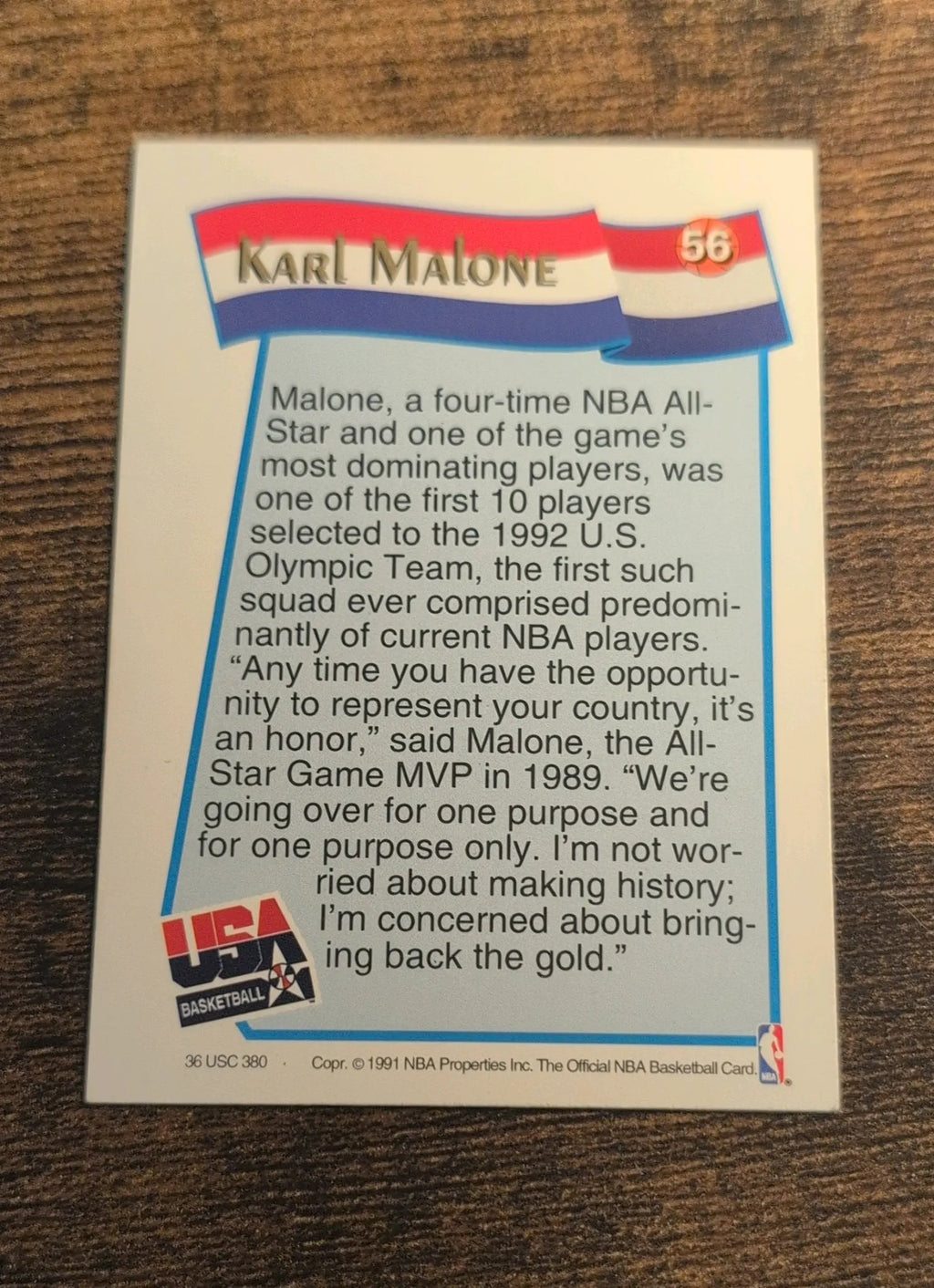 1991-92 NBA Hoops USA Basketball Karl Malone Dream Team #56 Back
