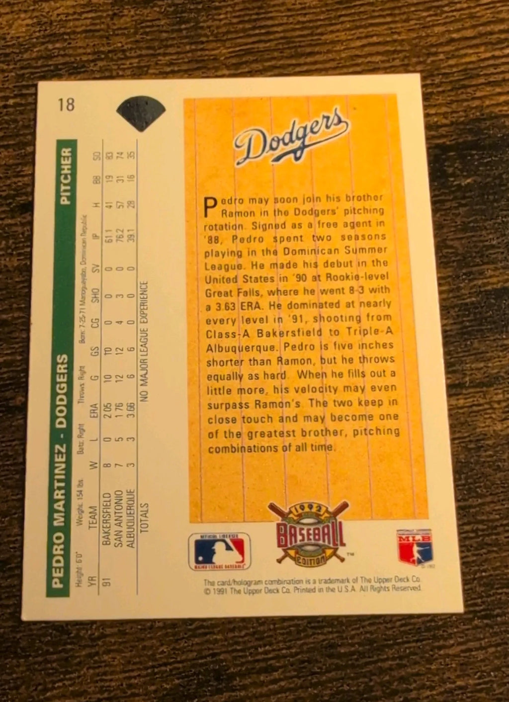 1992 Upper Deck Pedro Martinez #18 Star Rookie Back