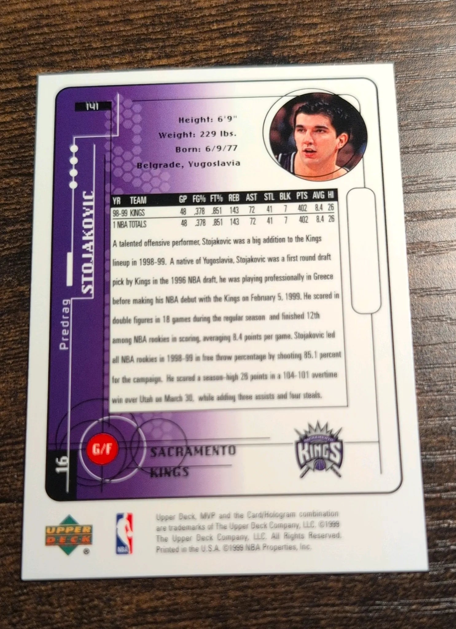 1999-00 Upper Deck MVP Peja Stojaković #141 Back