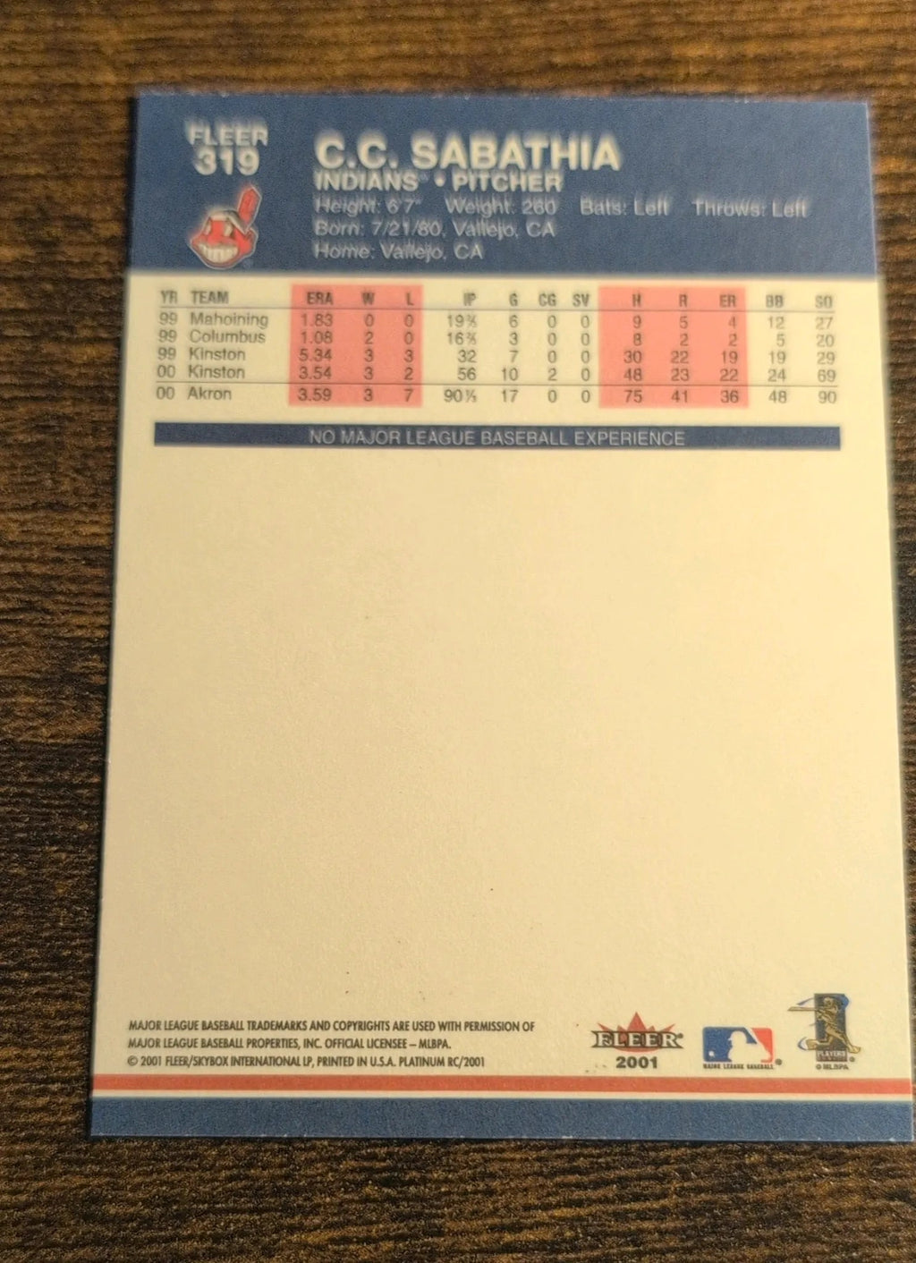 2001 Fleer Platinum RC C.C. Sabathia #319 Back
