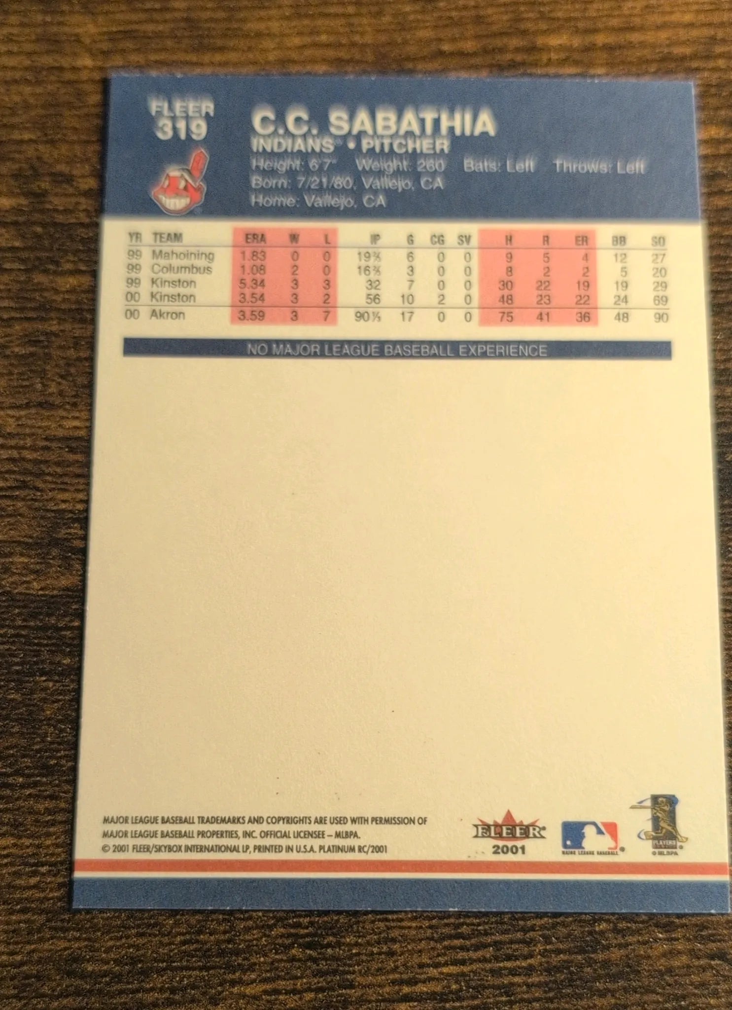 2001 Fleer Platinum RC C.C. Sabathia #319 Back