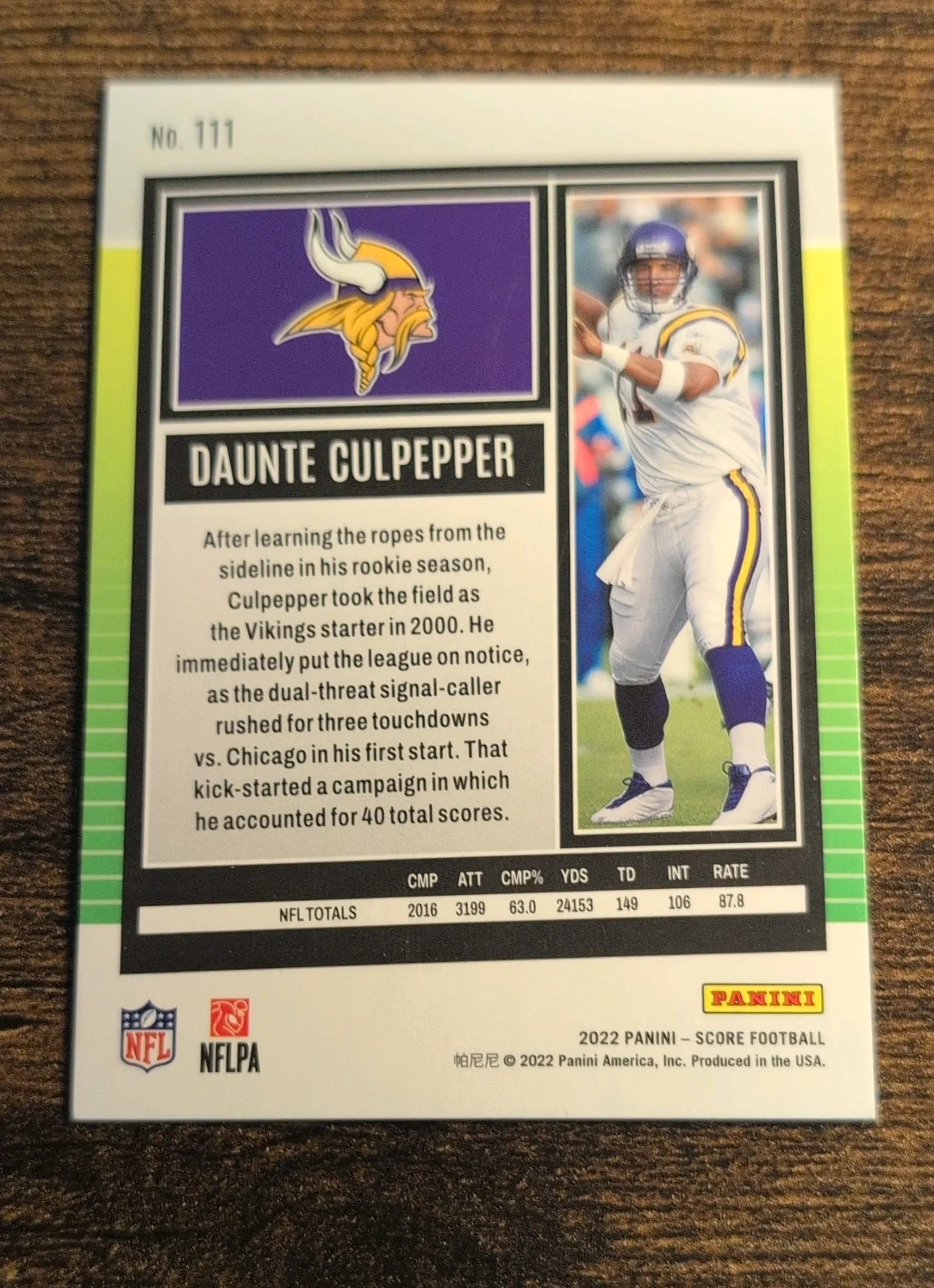 2022 Panini Score Daunte Culpepper #111 Pink Swirl Parallel Back