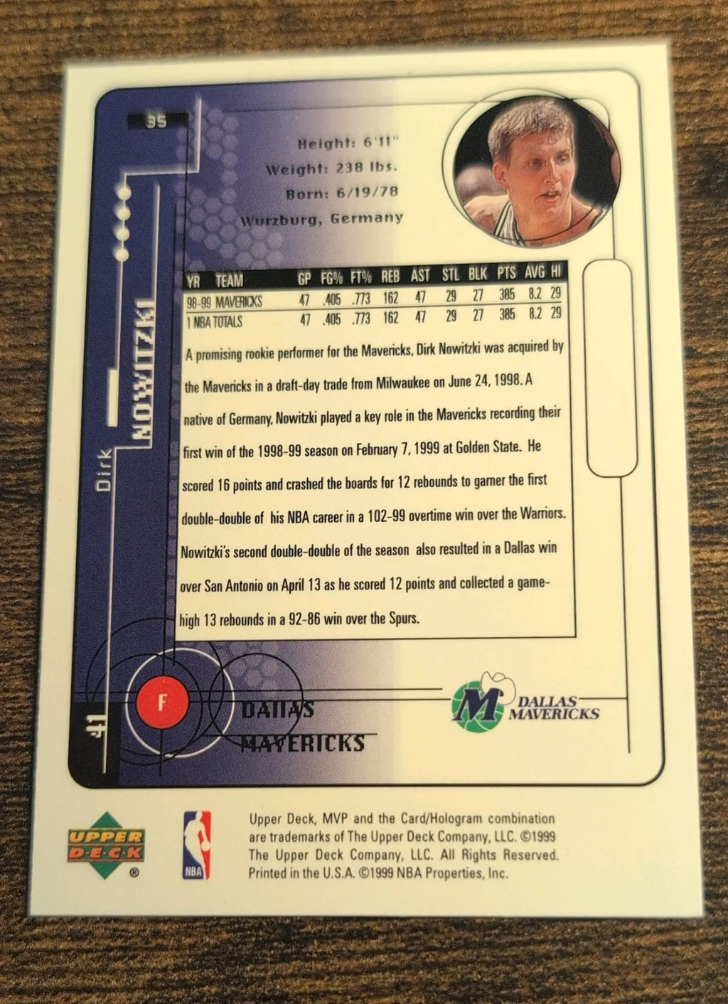 1999-00 Upper Deck MVP Dirk Nowitzki #95 - Dallas Mavericks - Raw NM