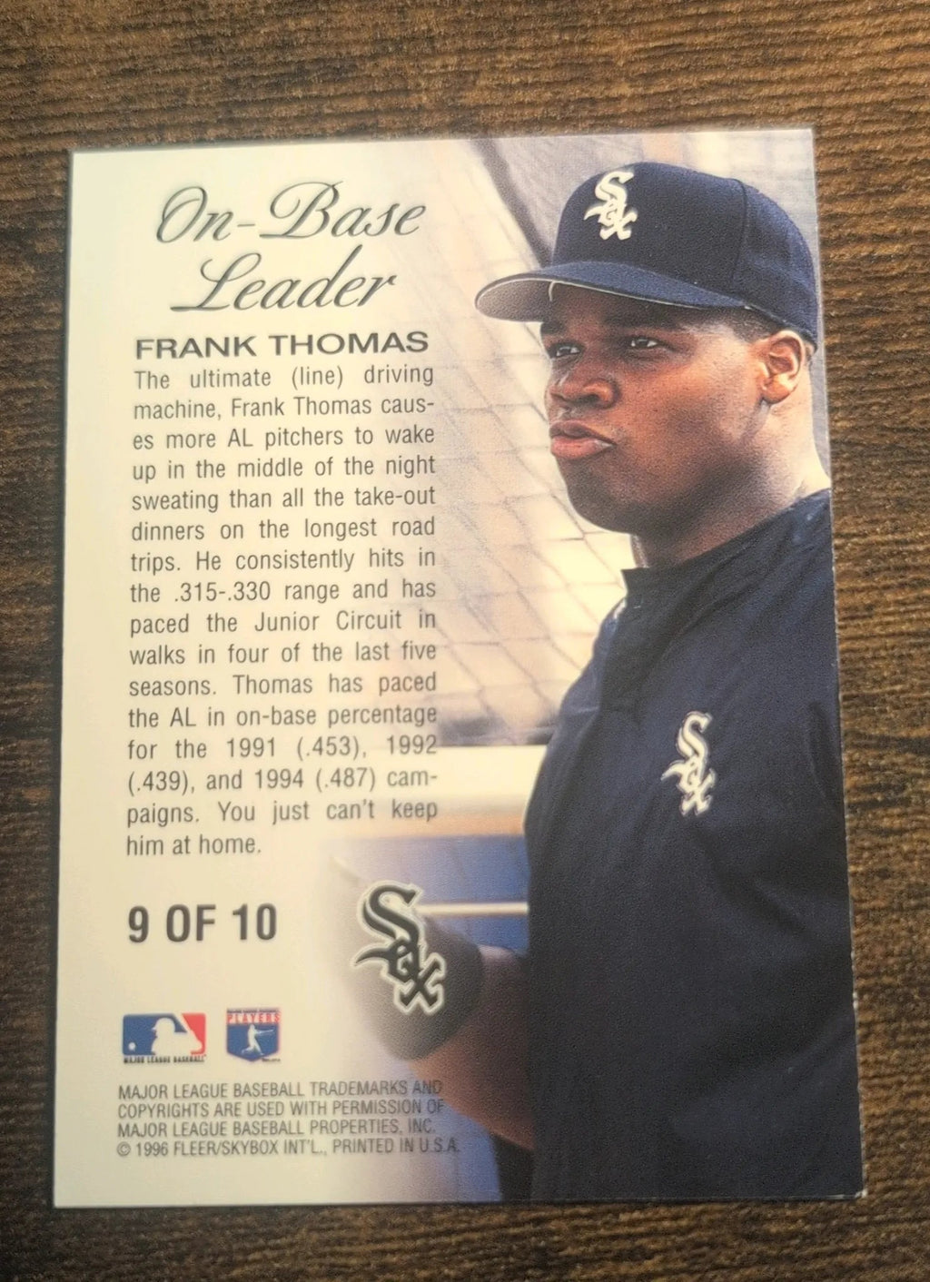 1996 Fleer Ultra Frank Thomas On-Base Leader #9/10 - Back