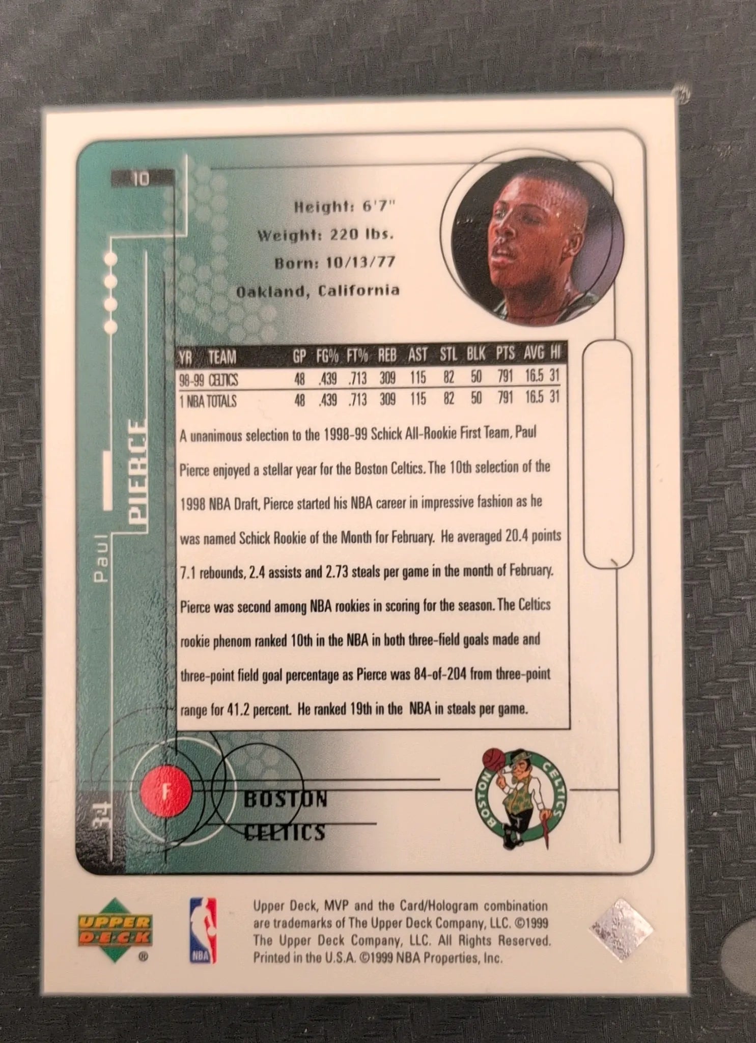 1999-00 Upper Deck MVP Paul Pierce #10 - Front