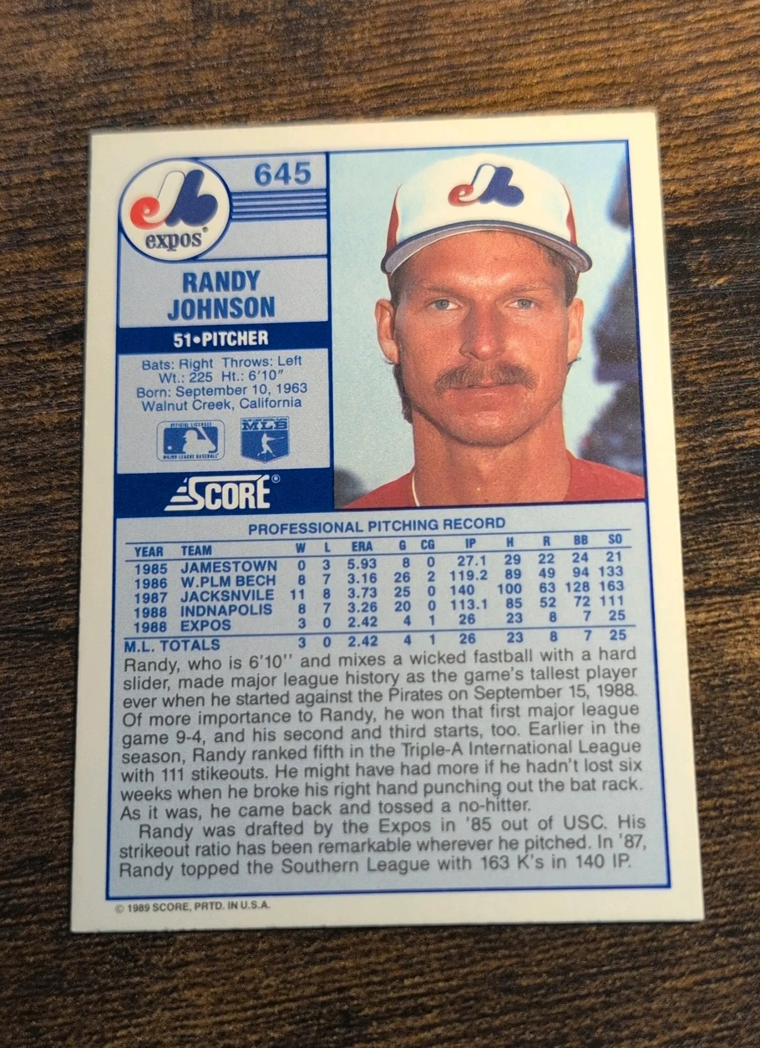 1989 Score Randy Johnson #645 RC - Back