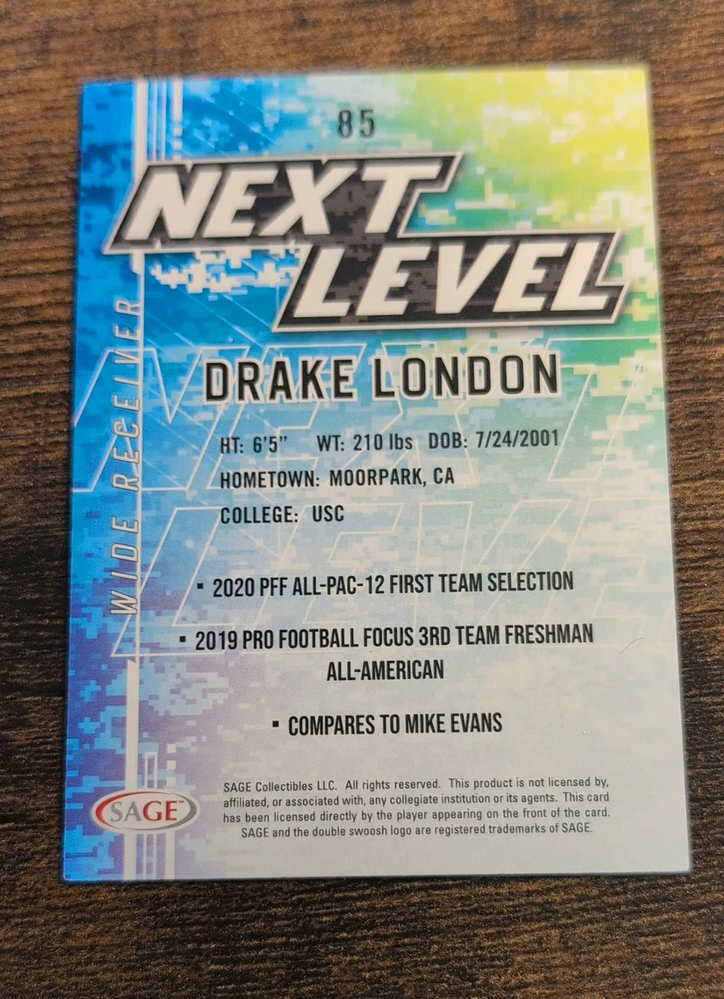 2022 SAGE Next Level Drake London #85 - Back