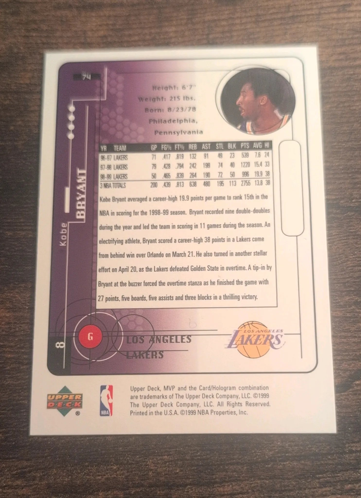 1999 Upper Deck MVP Kobe Bryant #74 - Back