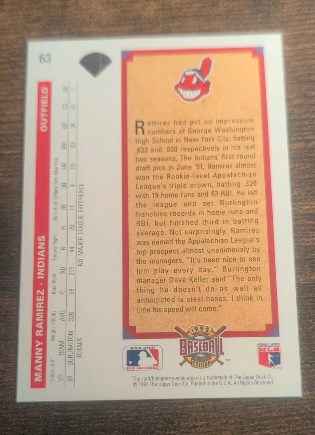 1992 Upper Deck Manny Ramirez #63 Top Prospect RC - Back