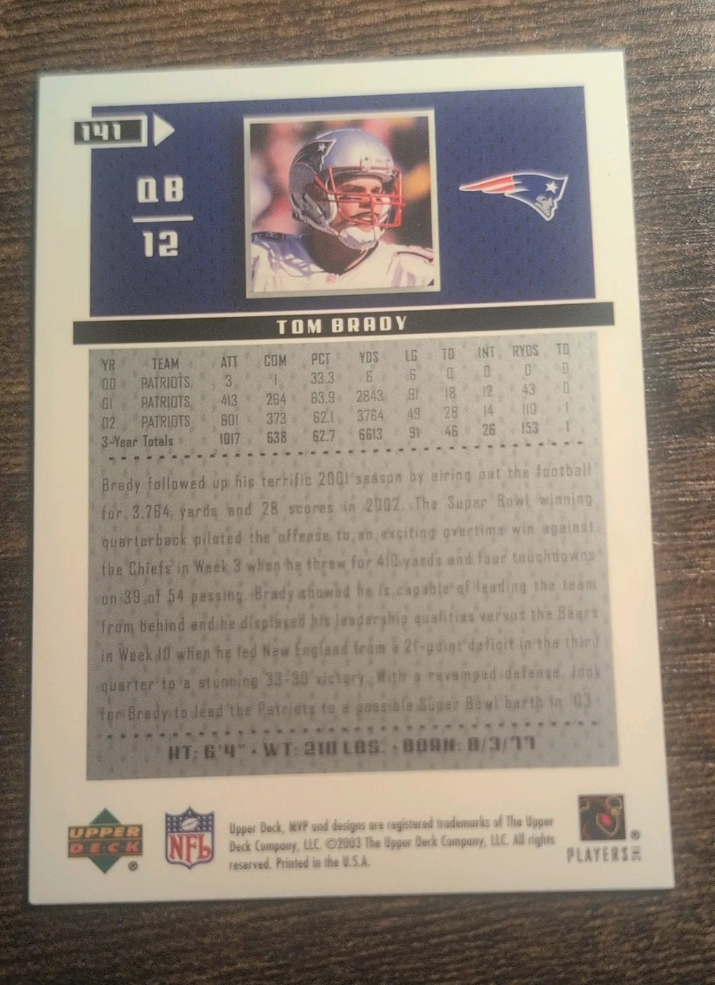 2003 Upper Deck MVP Tom Brady #141 - Back