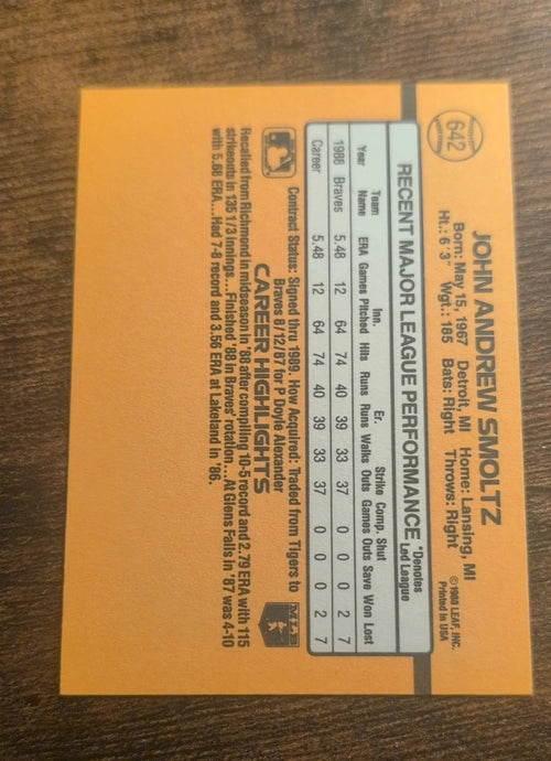 1989 Donruss John Smoltz #642 RC - Back