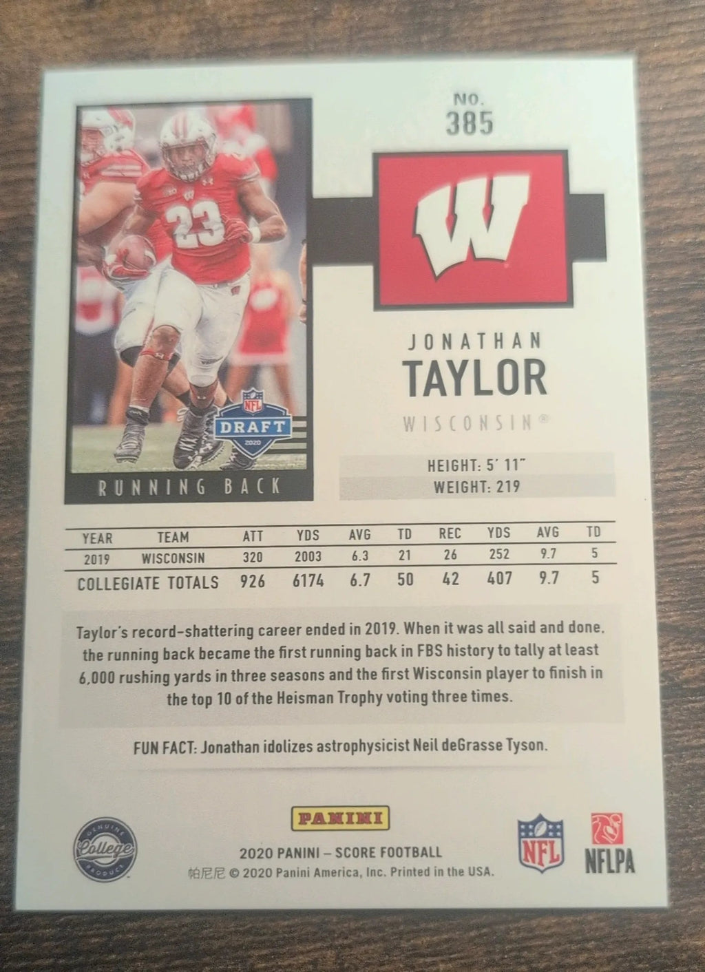 2020 Panini Score Jonathan Taylor #385 RC - Back