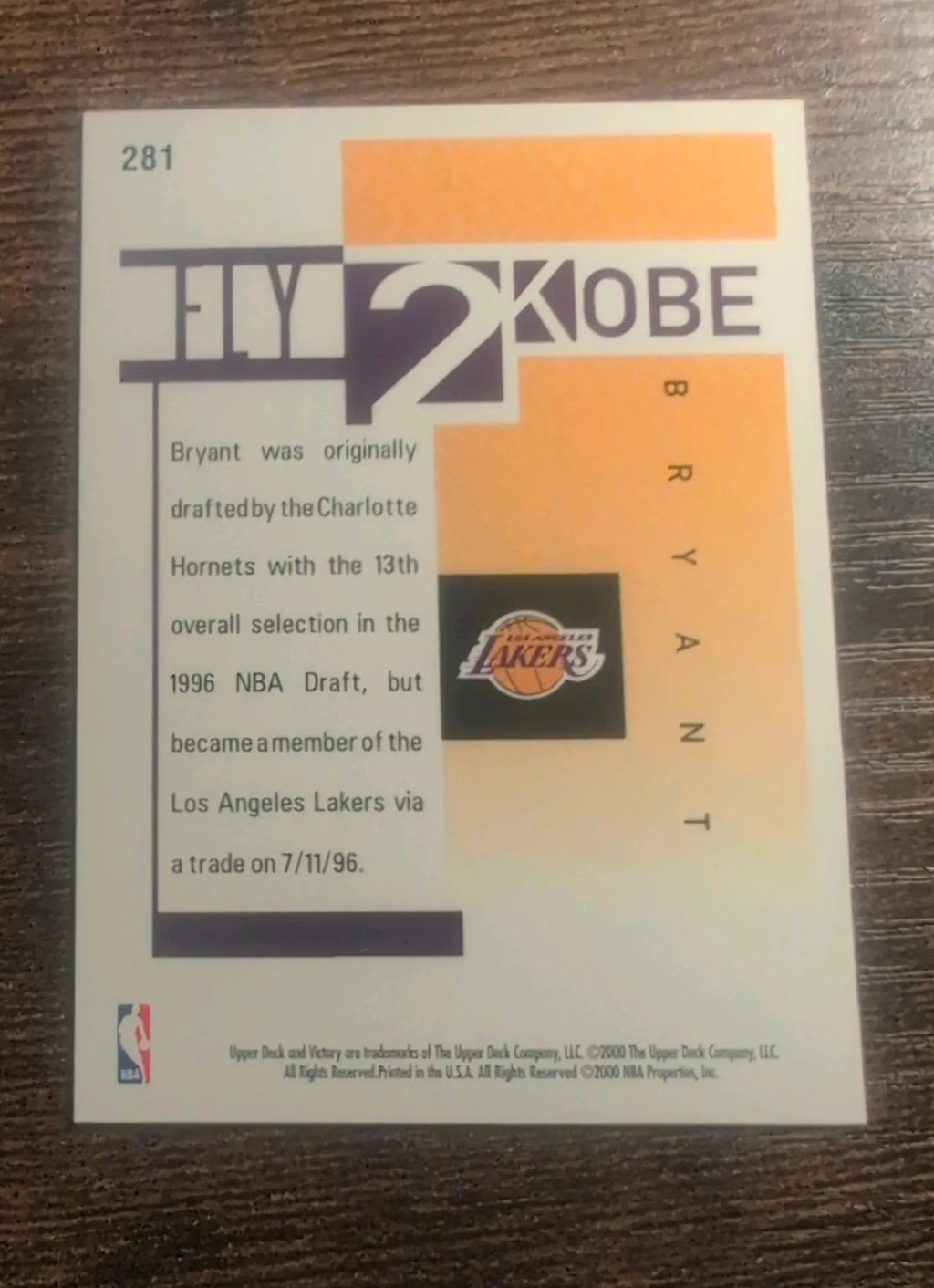 2000 Upper Deck Victory Kobe Bryant #281 Fly 2 Kobe - Back