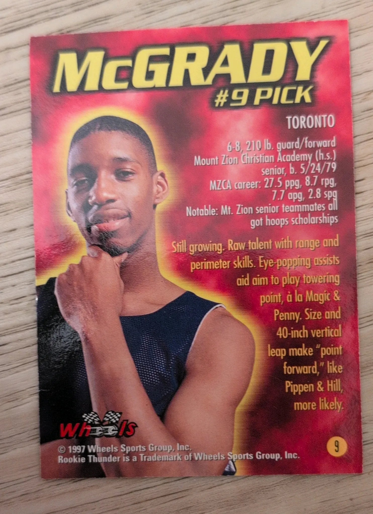 1997 Wheels Rookie Thunder Tracy McGrady #9 - Toronto Raptors - Pre-Rookie - Raw NM