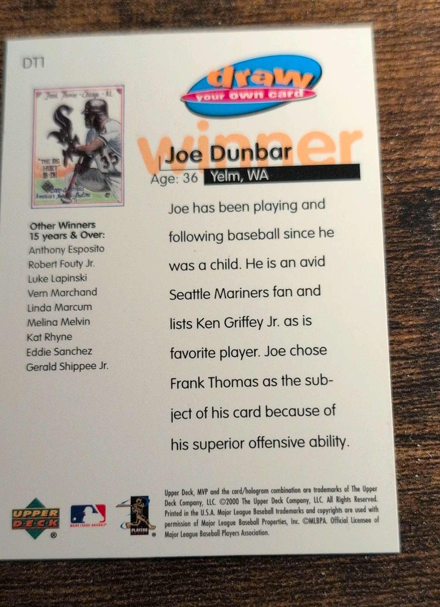 2000 Upper Deck MVP Frank Thomas Draw Your Own Card #DT1 Back