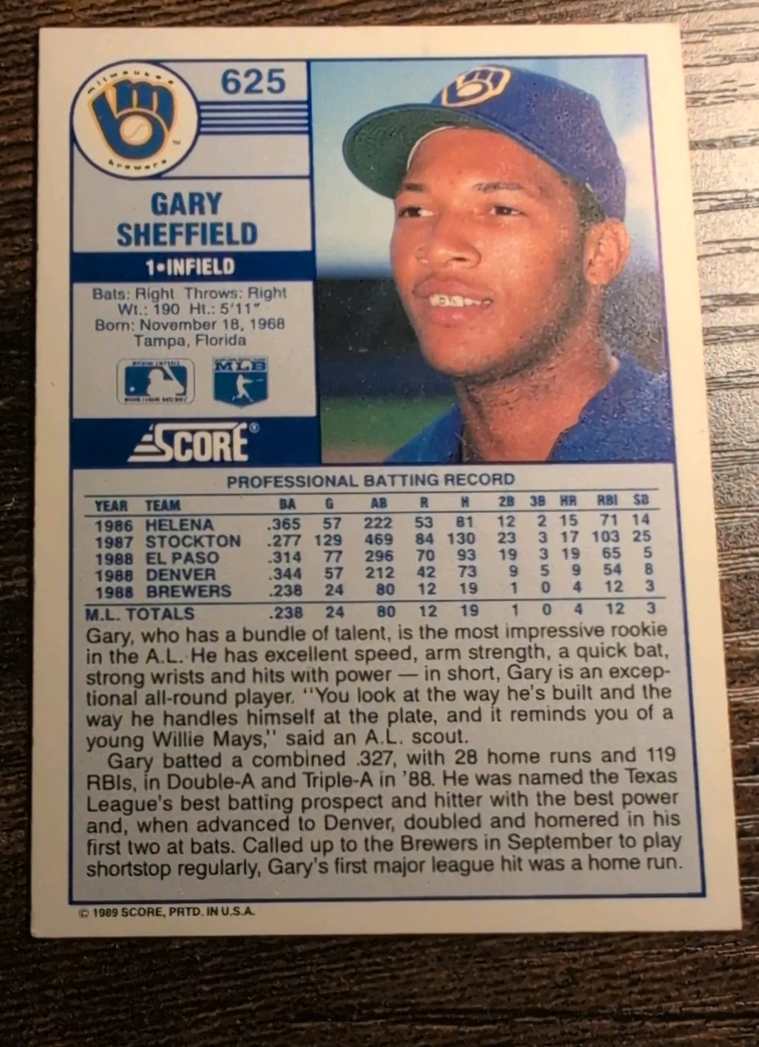1989 Score Gary Sheffield Rookie Card #625 Back