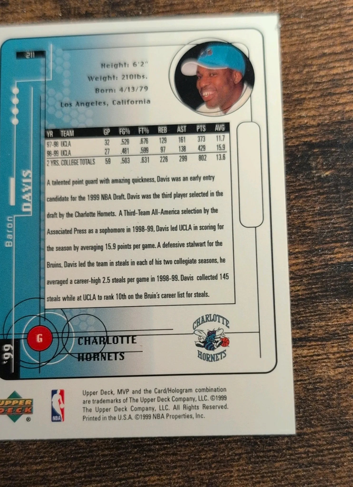 1999 Upper Deck MVP Baron Davis Rookie Card #211 Back
