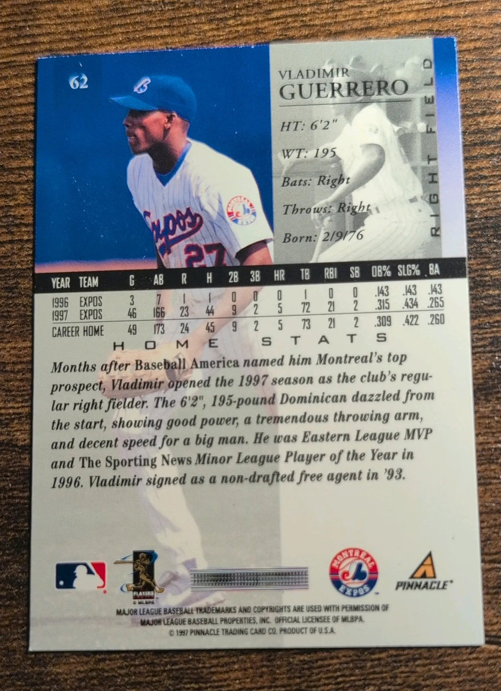 1997 Pinnacle Vladimir Guerrero #62 Montreal Expos Back