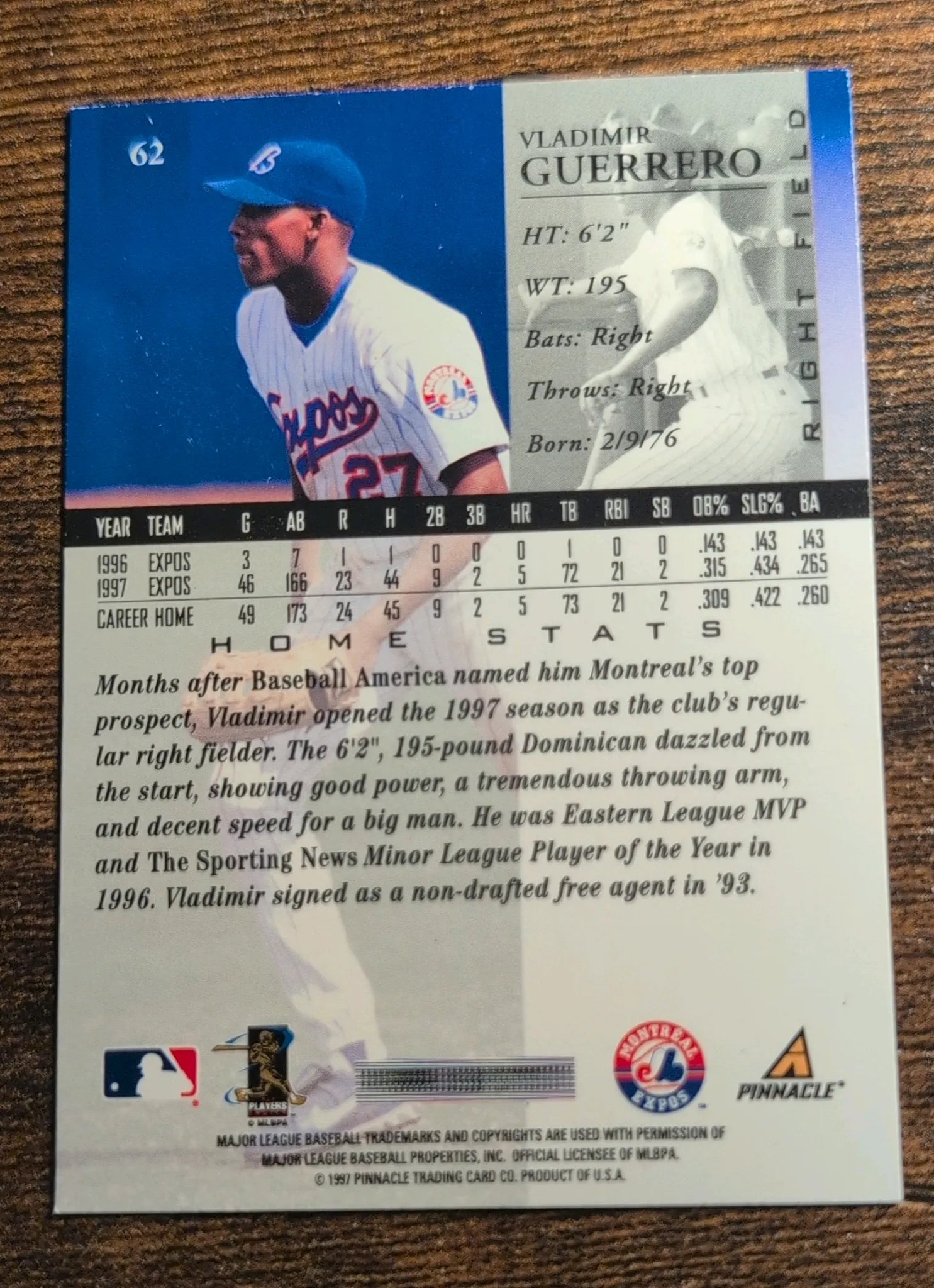 1997 Pinnacle Vladimir Guerrero #62 Montreal Expos Back