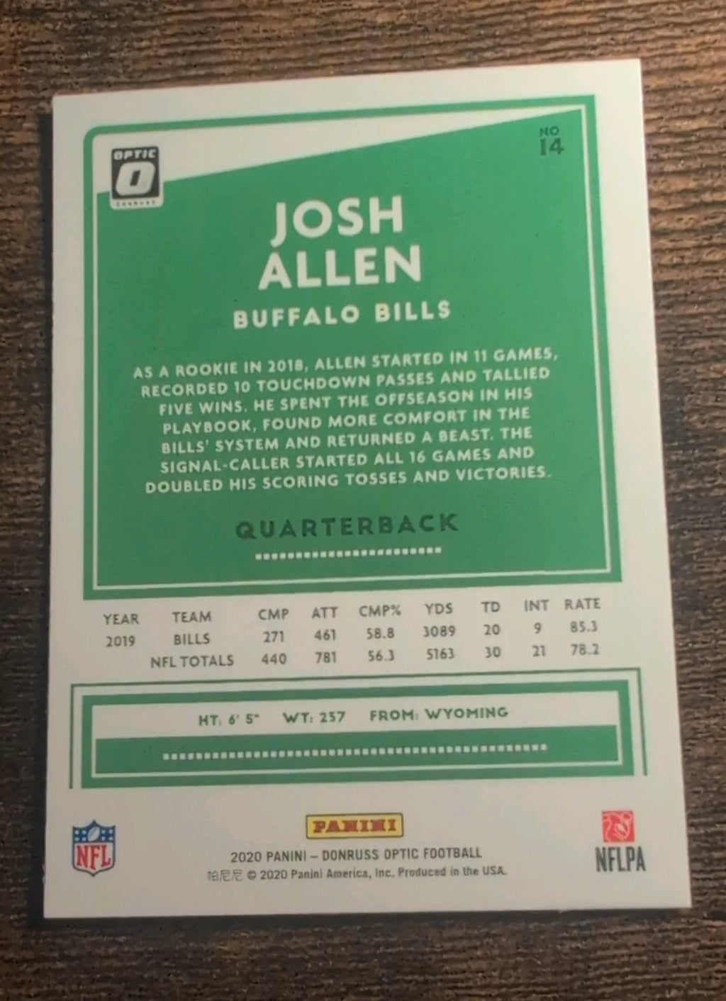 2020 Panini Donruss Optic Josh Allen #14 Back