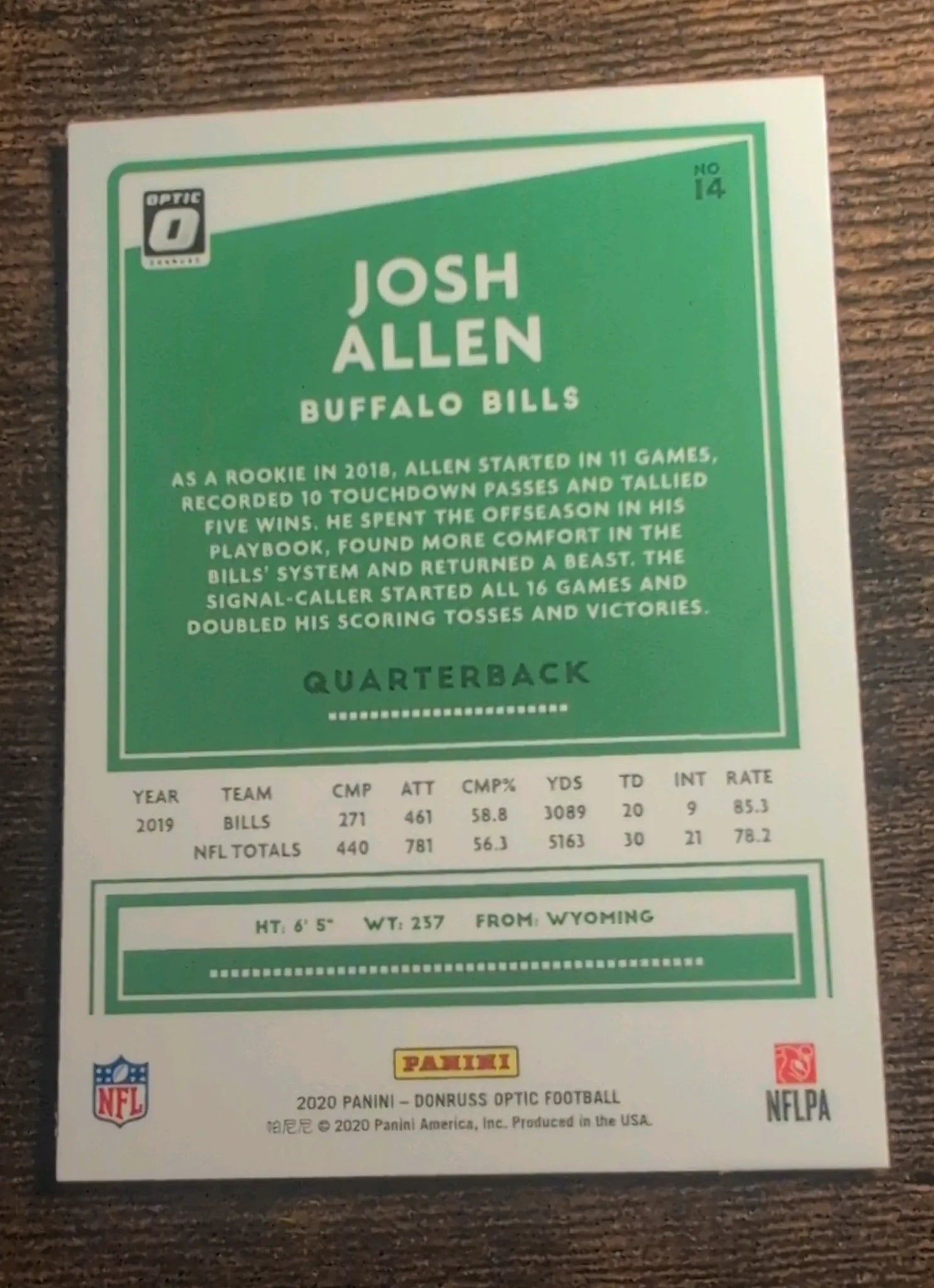 2020 Panini Donruss Optic Josh Allen #14 Back