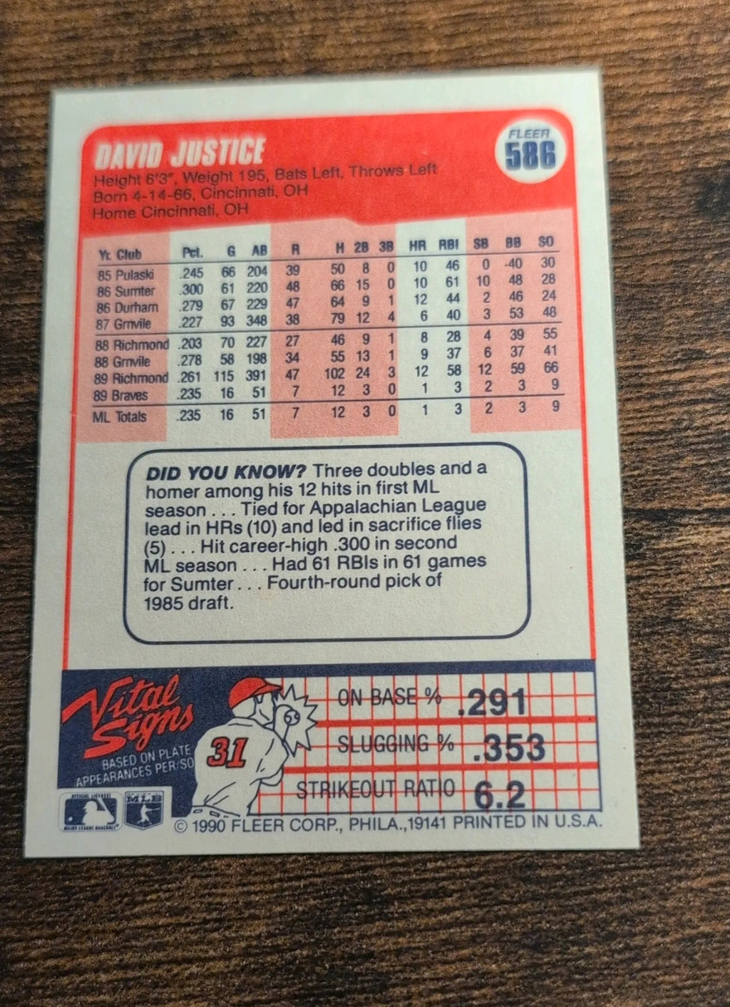 1990 Fleer David Justice Rookie Card #586 Back