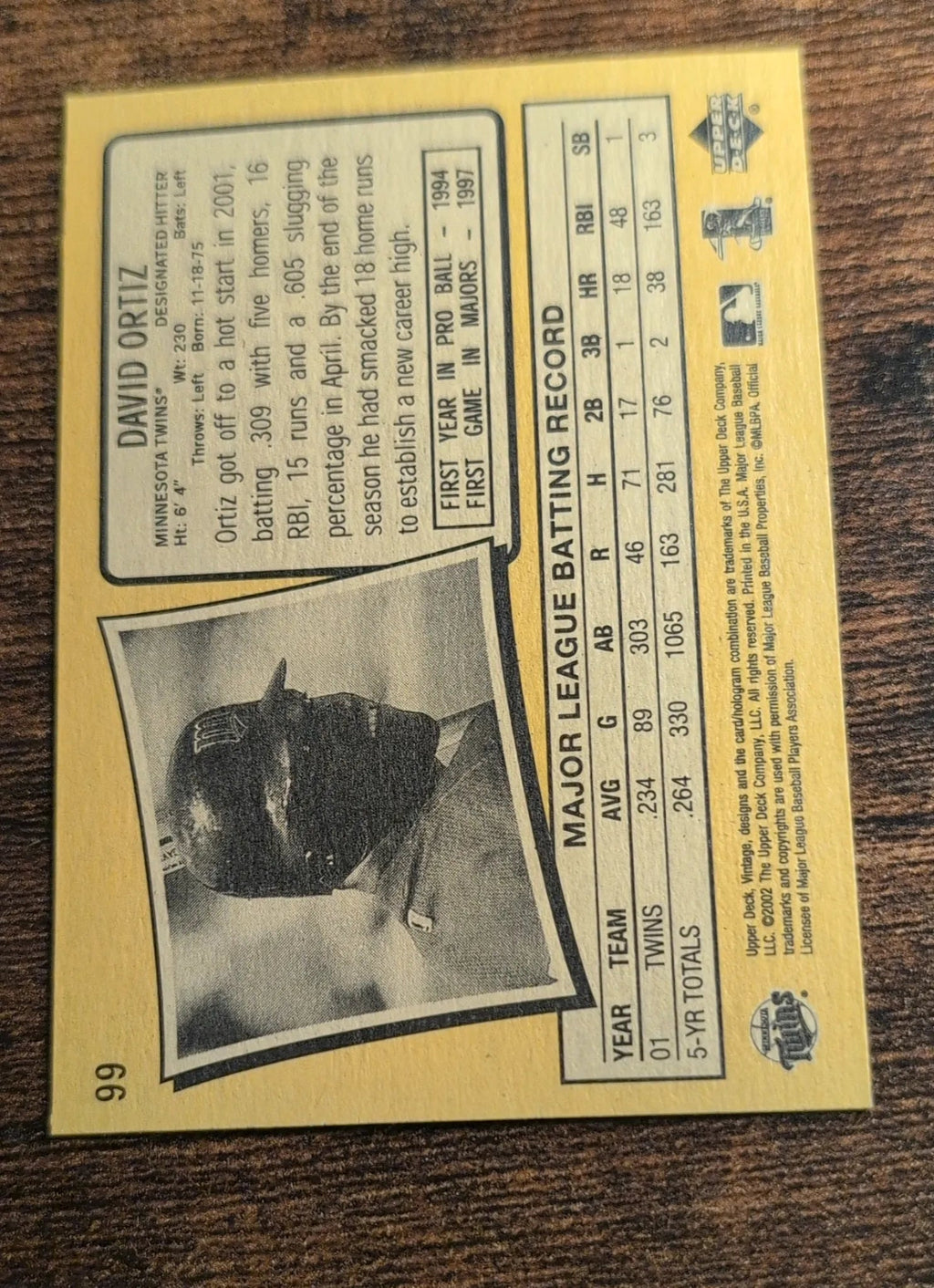 2002 Upper Deck Vintage David Ortiz #99 Back