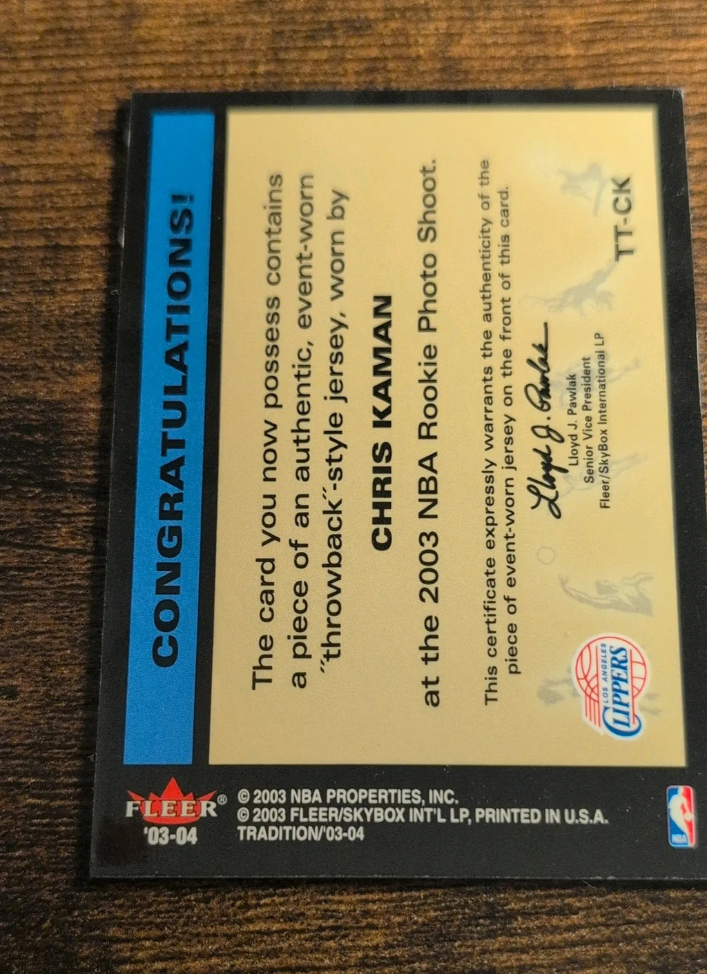 2003-04 Fleer Tradition Throwback Threads Chris Kaman Jersey Relic #TT-CK Back