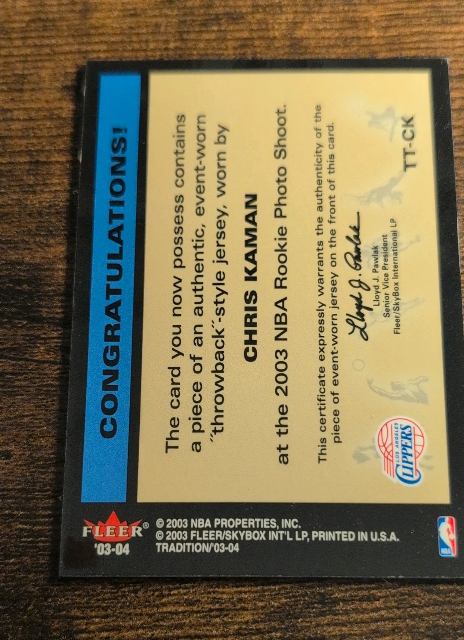 2003-04 Fleer Tradition Throwback Threads Chris Kaman Jersey Relic #TT-CK Back