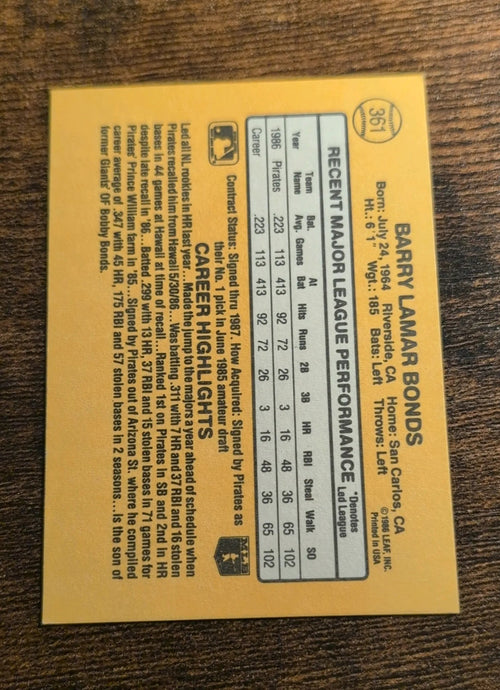 1987 Donruss Barry Bonds Rookie Card #361 Back