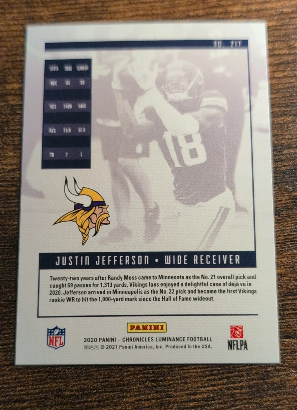 2020 Panini Chronicles Luminance Justin Jefferson Rookie Card #217 Back