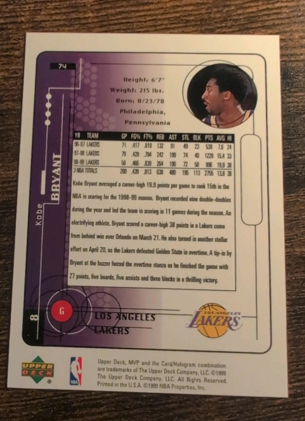 1999-00 Upper Deck MVP Kobe Bryant #74 Back