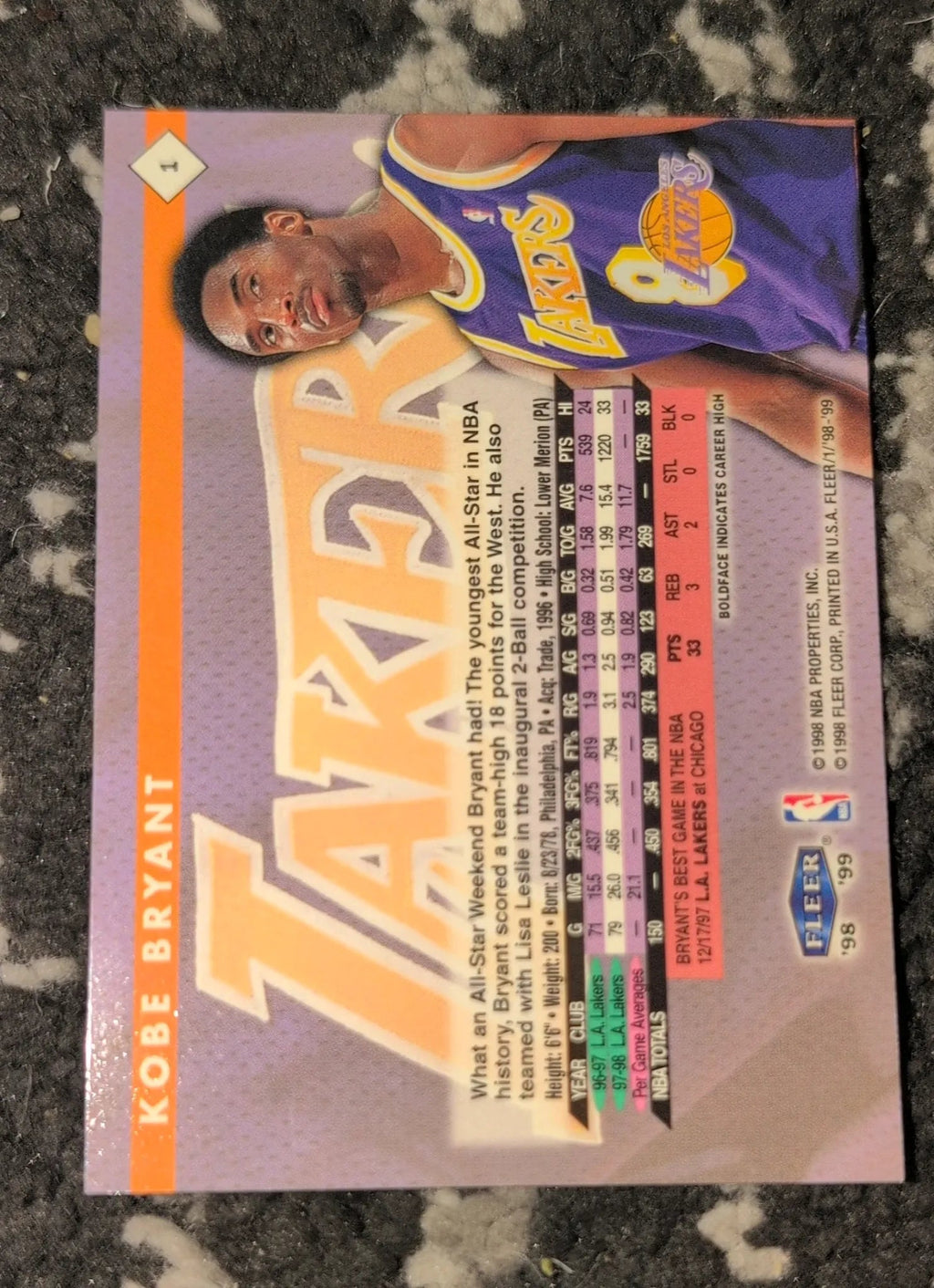 1998-99 Fleer Tradition Kobe Bryant #4 - Back