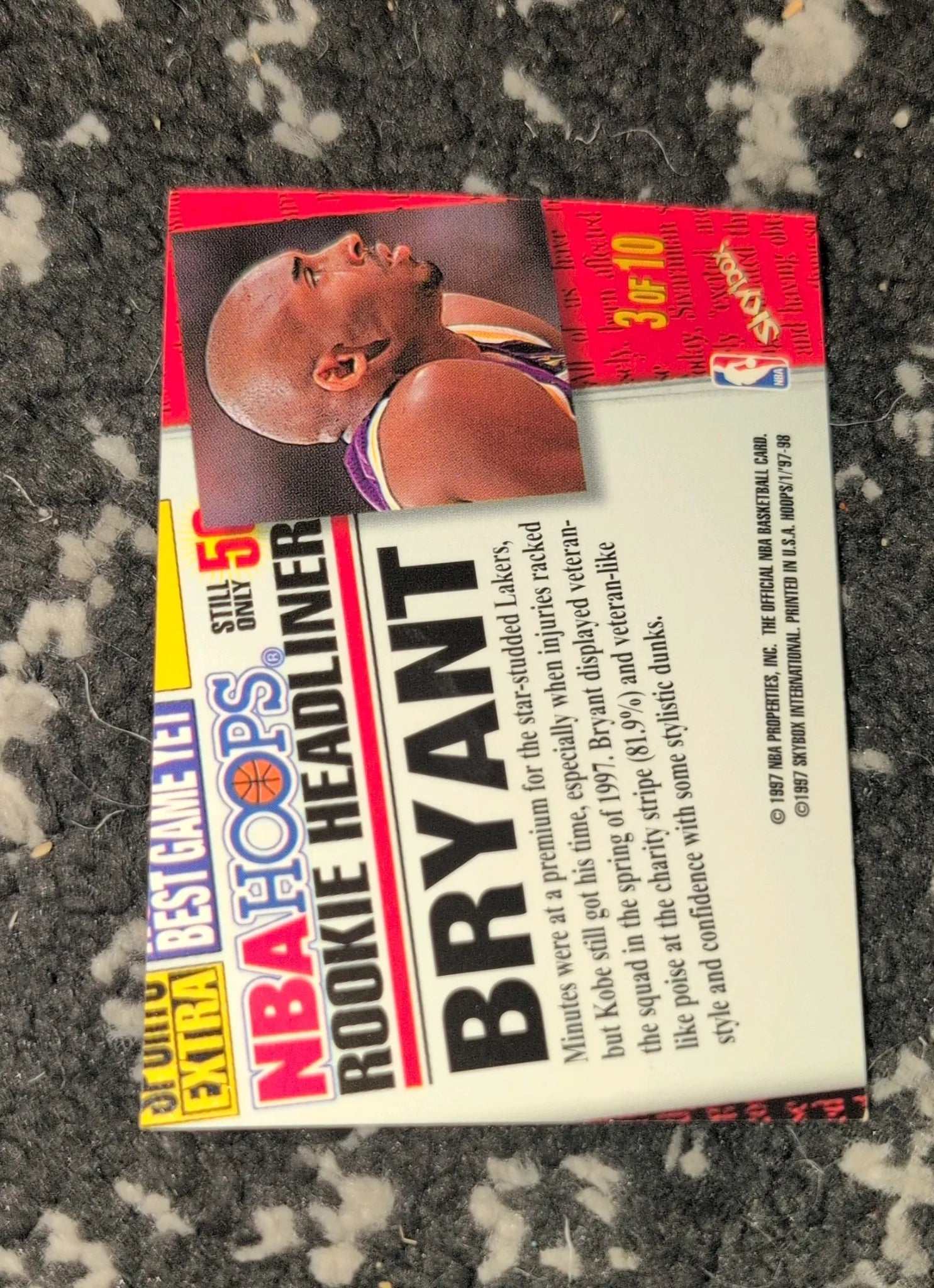 1997-98 NBA Hoops Kobe Bryant Rookie Headliner #3/10 - Back