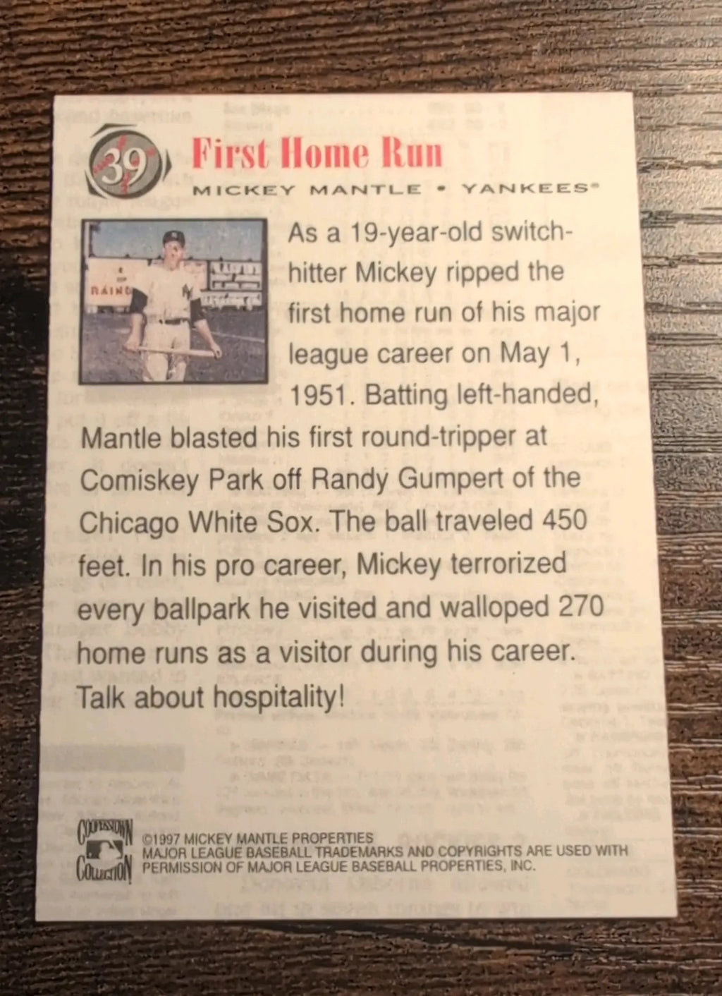 1997 Cooperstown Collection Mickey Mantle First Home Run #39 - Back