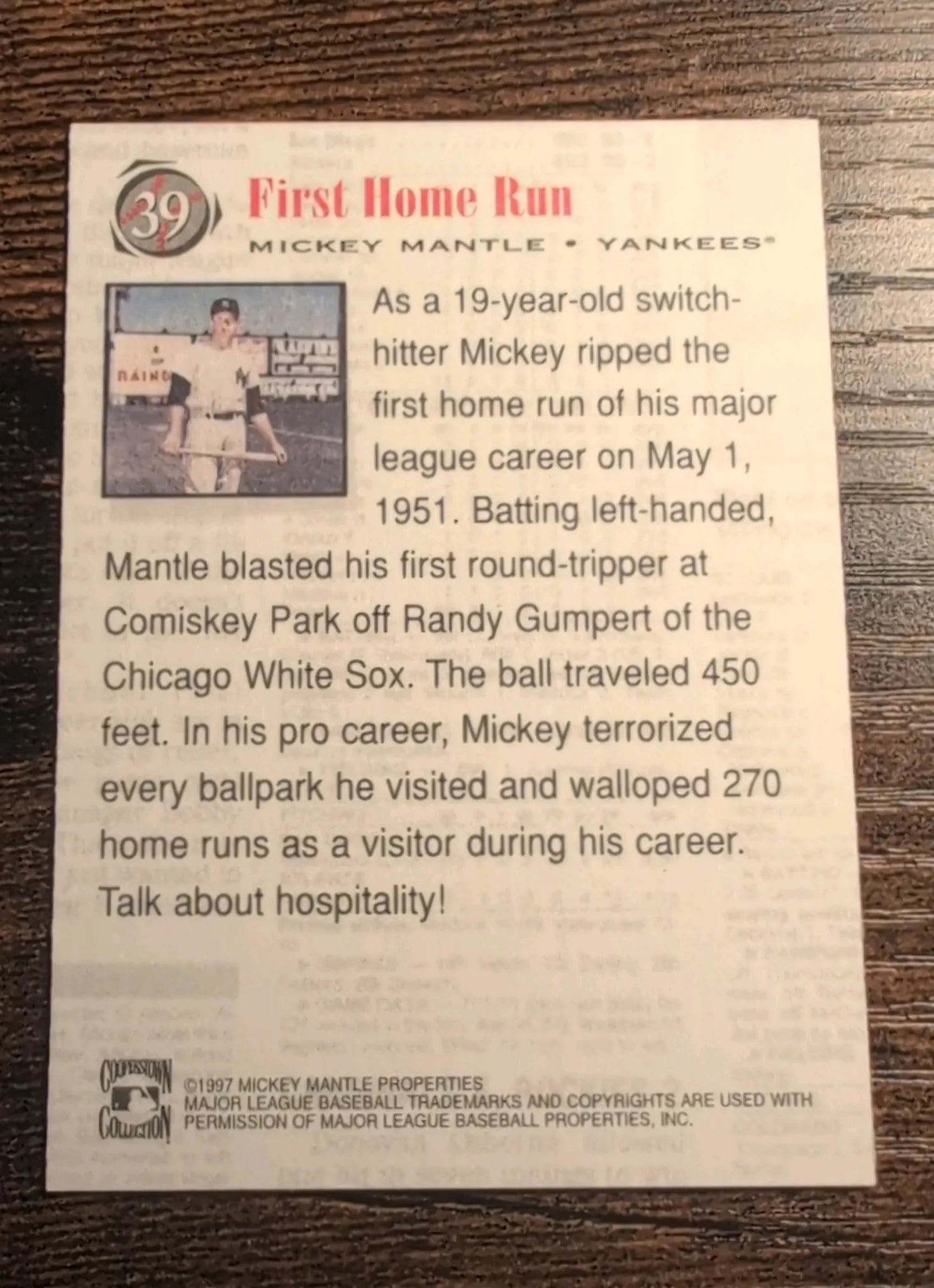 1997 Cooperstown Collection Mickey Mantle First Home Run #39 - Back