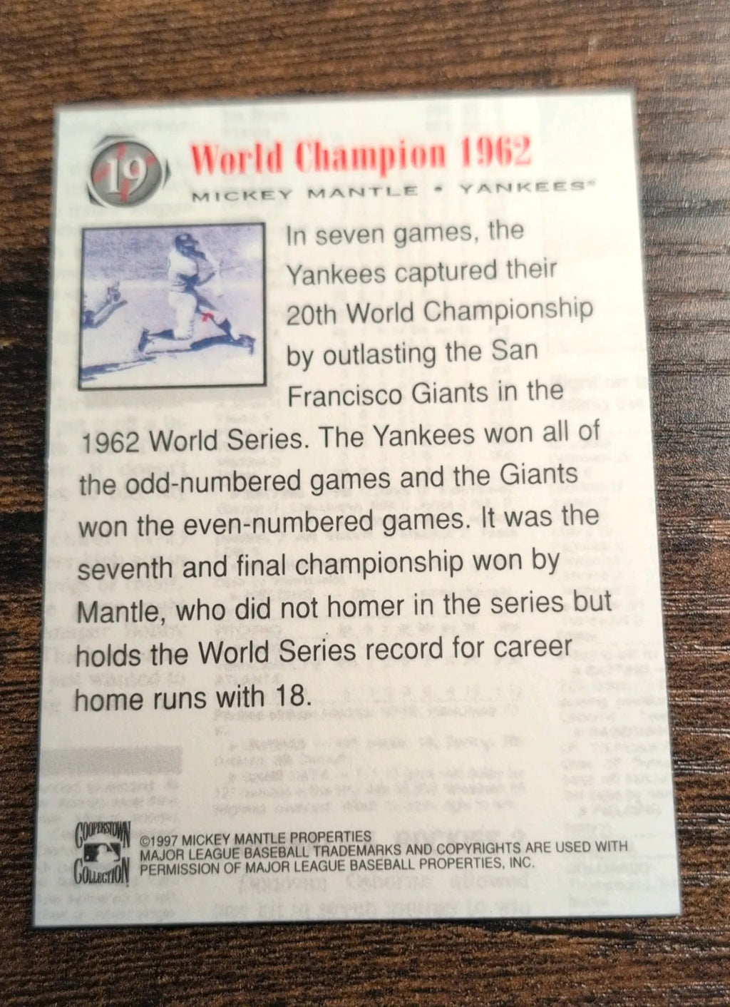 1997 Cooperstown Collection Mickey Mantle World Champion 1962 #19 - Back