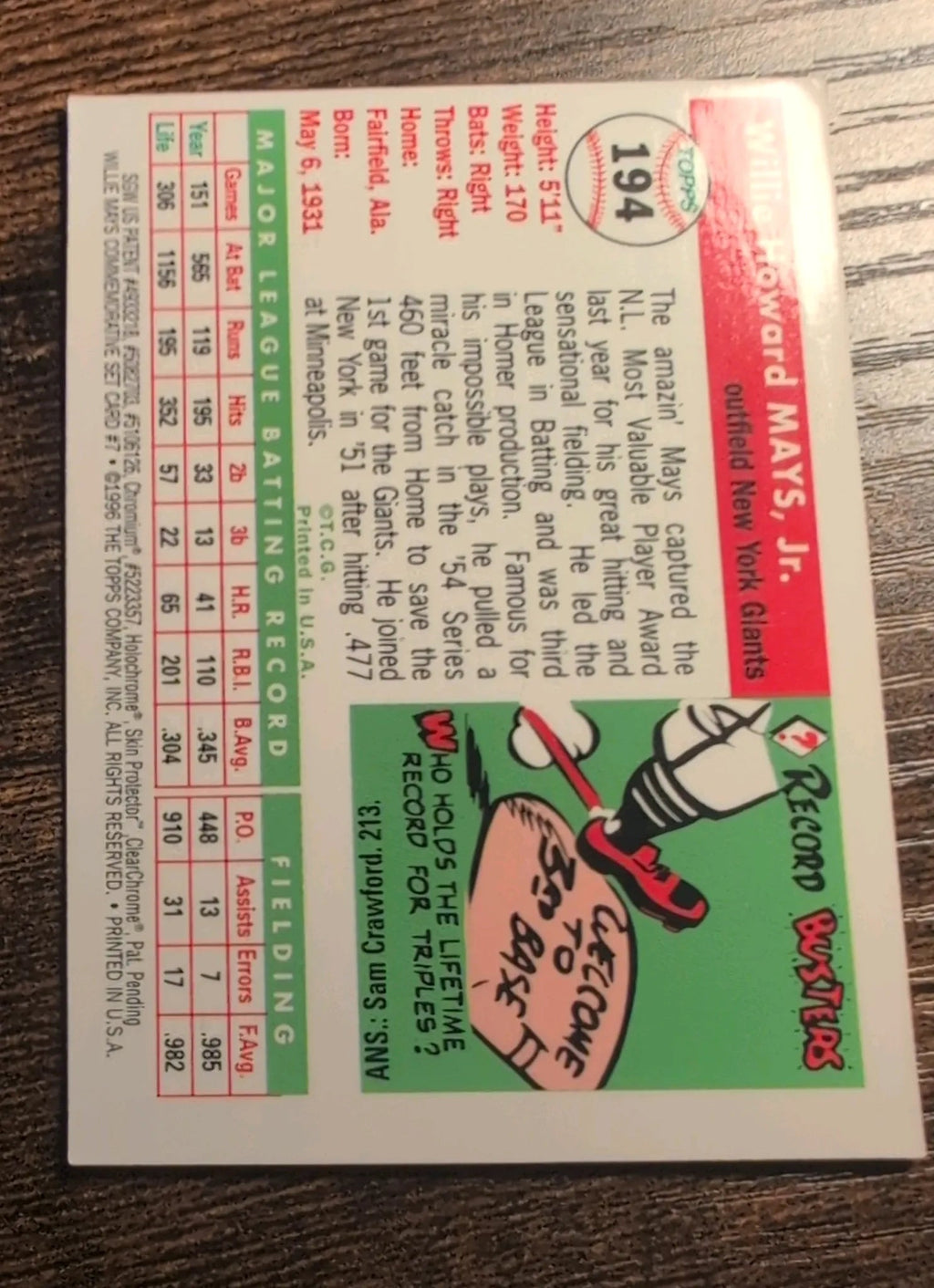 1995 Topps Finest Willie Mays #194 New York Giants - Back