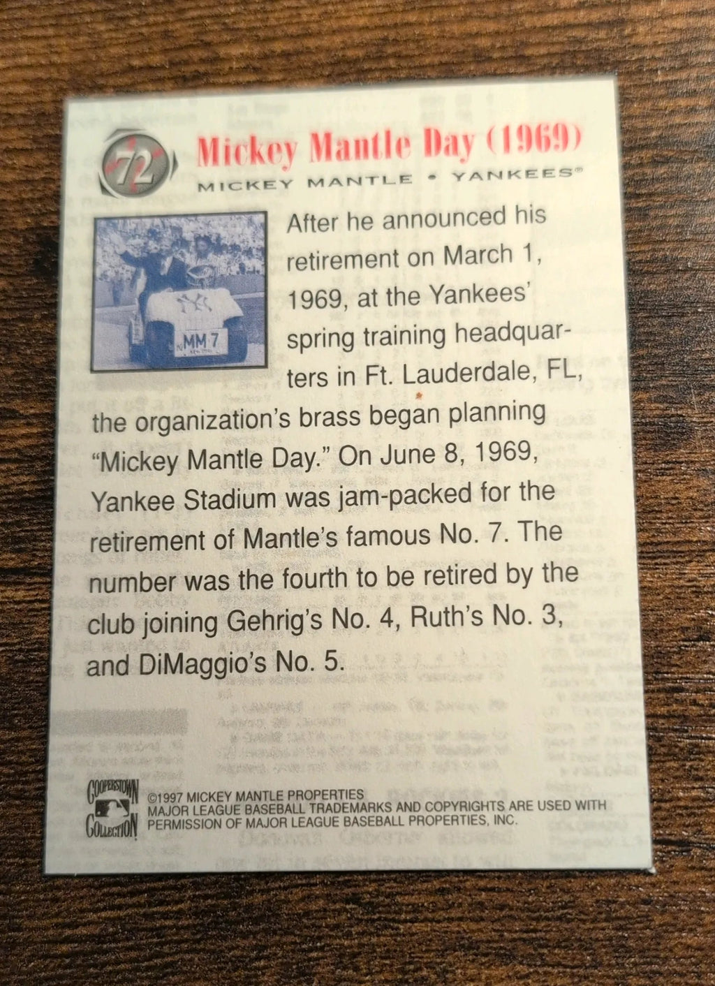 1997 Cooperstown Collection #72 Mickey Mantle Day 1969 - Back