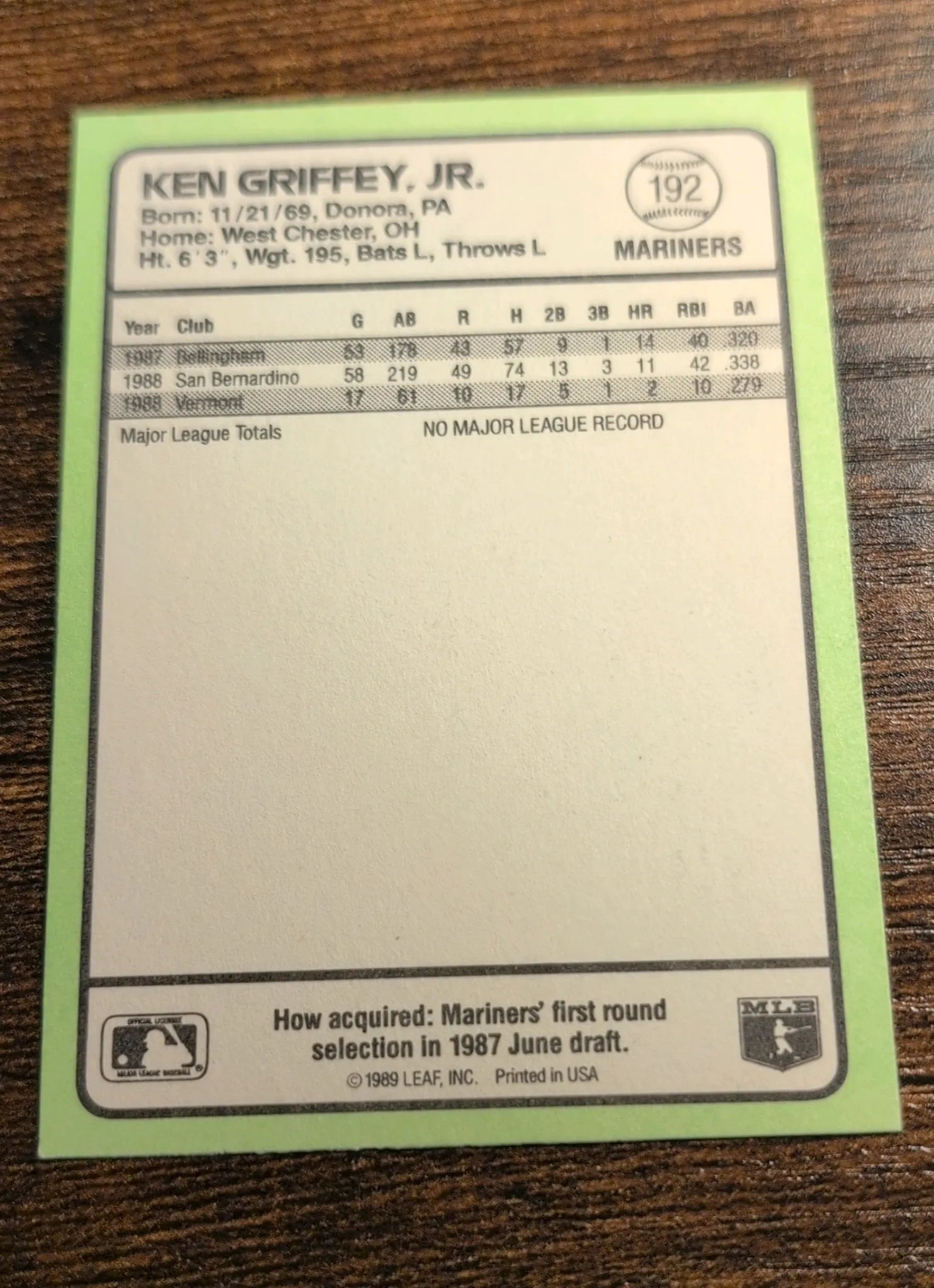 1989 Donruss #192 Ken Griffey Jr. - Back